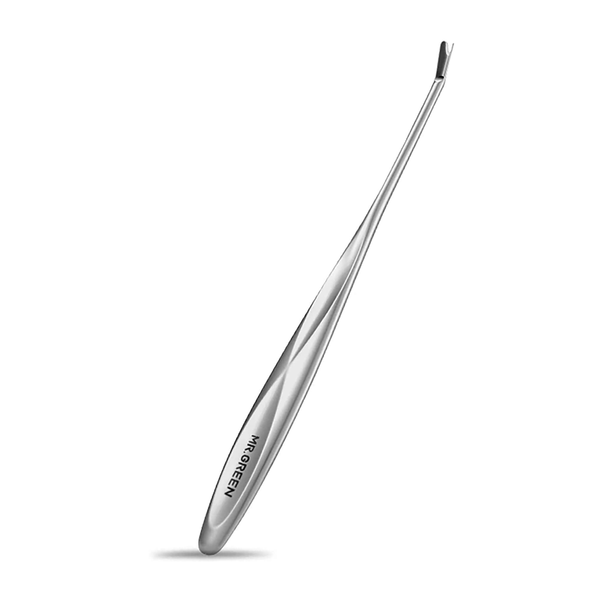MR.GREEN MR-2190 nail dead skin remover, single-end stainless tool with V-shaped tip and anti-slip spiral handle — main image.