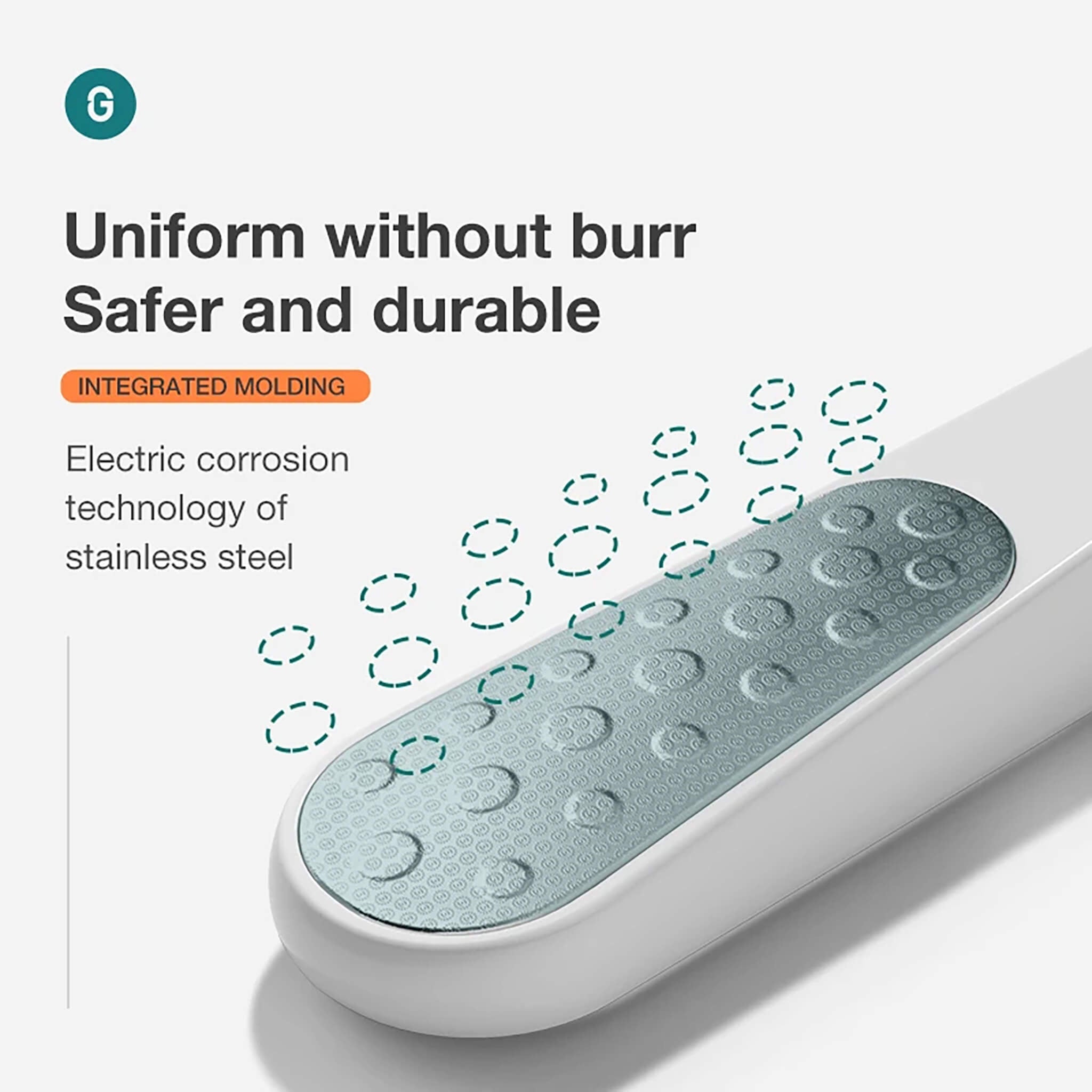 Nahaufnahme MR.GREEN MR-2208: Edelstahloberfläche gratfrei, elektrolytisch geätzt – sicher, langlebig und effizient gegen Hornhaut.