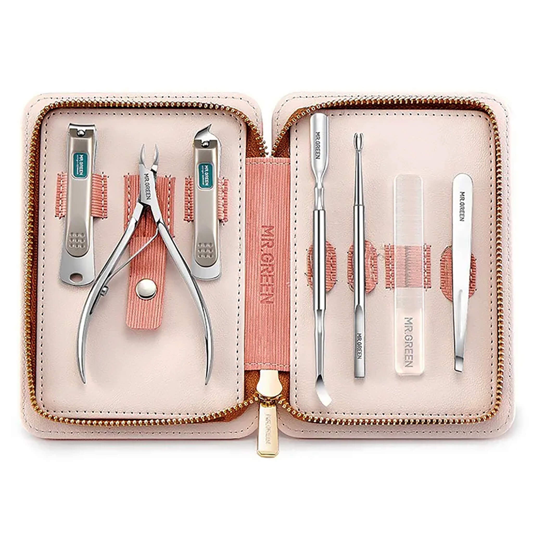 MR.GREEN MR-6032 manicure set, blush leather case with stainless-steel clippers, cuticle nipper, tweezers, glass file and cuticle tools.