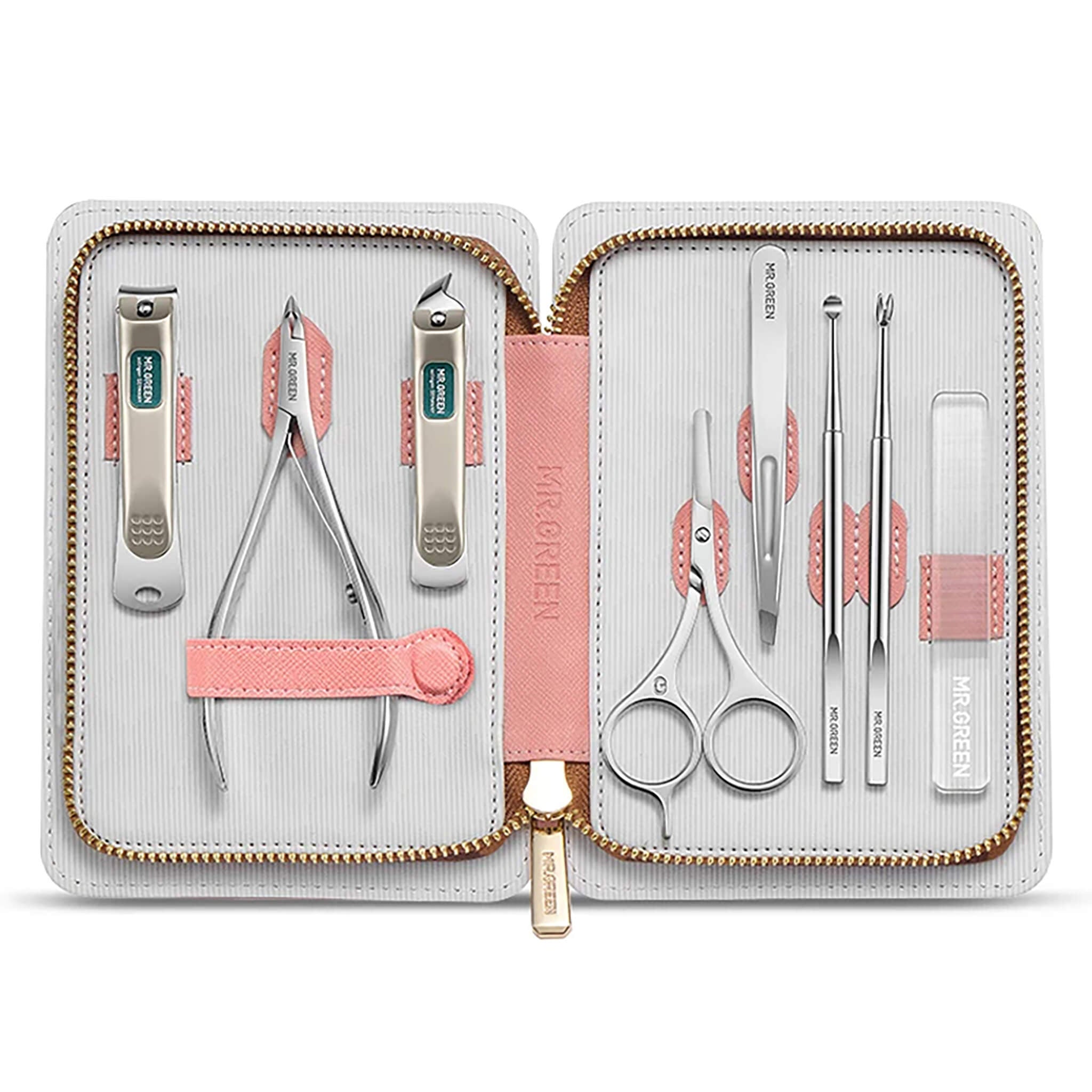 MR.GREEN MR-6066 manicure set open - zip wallet with 8 stainless steel tools, coral accents and gold zipper