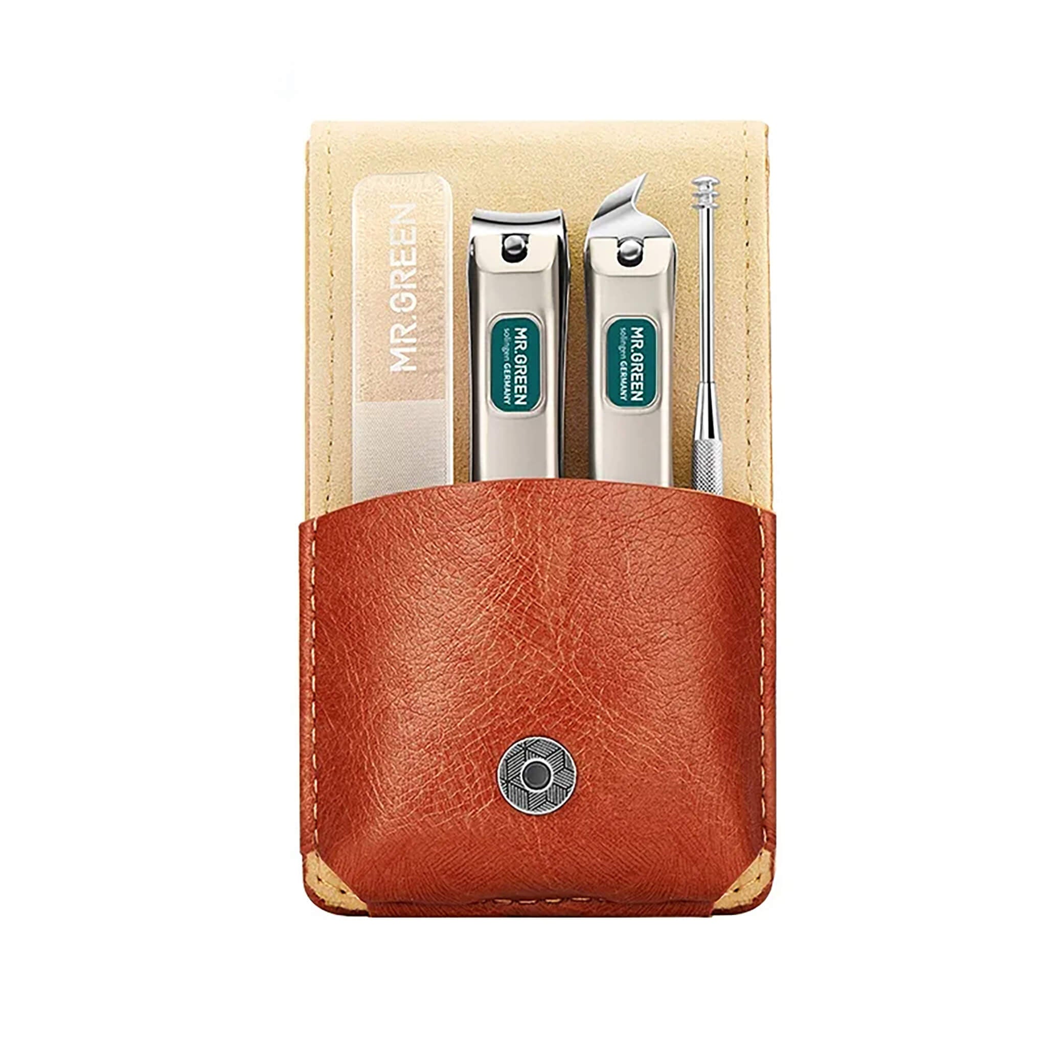 MR.GREEN MR-6104 portable manicure set—two nail clippers, glass nail file and nail cleaner in brown leather case