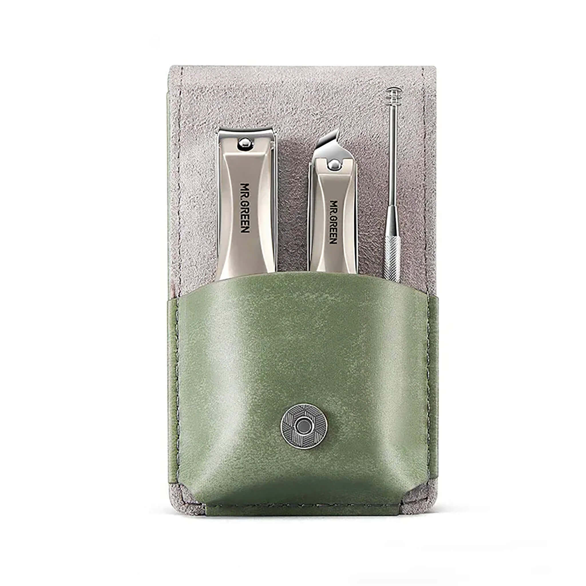 MR.GREEN MR-6304 set de manucure—deux coupe-ongles (droit et oblique) et nettoyeur dans un étui cuir vert à fermeture magnétique