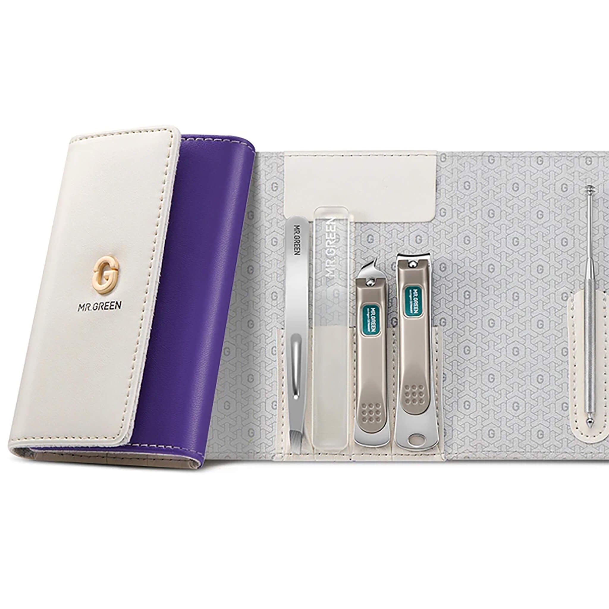 MR.GREEN MR-6684 Wallet-Etui weiß/lila mit Pinzette, Nano-Glasfeile, schrägem und klassischem Nagelknipser sowie Ohrreiniger.