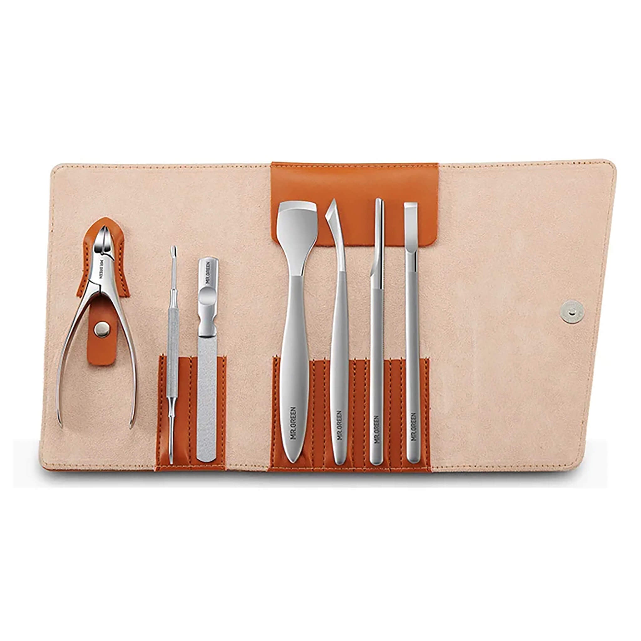 MR.GREEN MR-9108 8-piece professional pedicure kit in tan leather case with surgical stainless steel tools.