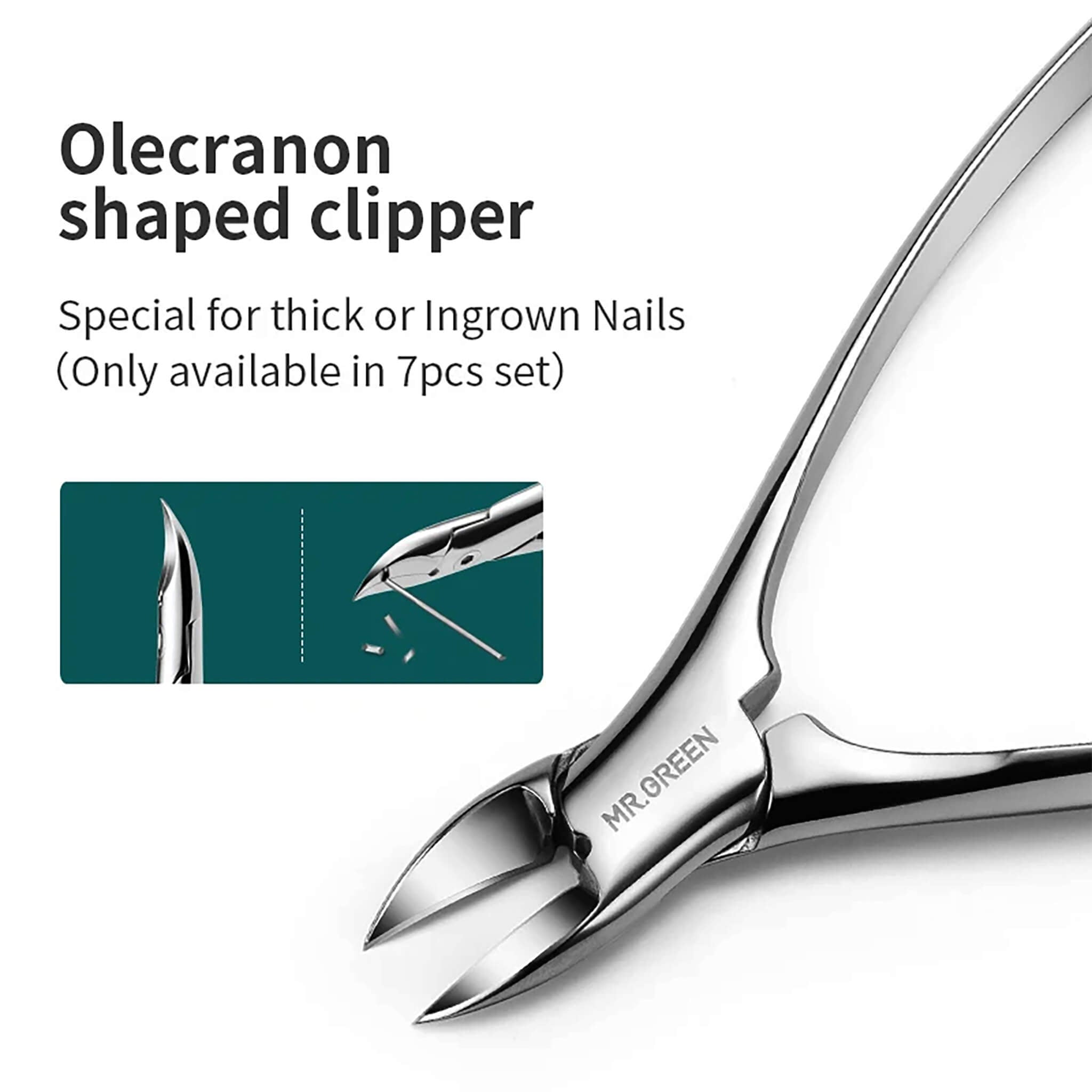 MR.GREEN Olecranon-Nagelzange aus Edelstahl für dicke oder eingewachsene Nägel, Detailaufnahme mit Funktionsgrafik.