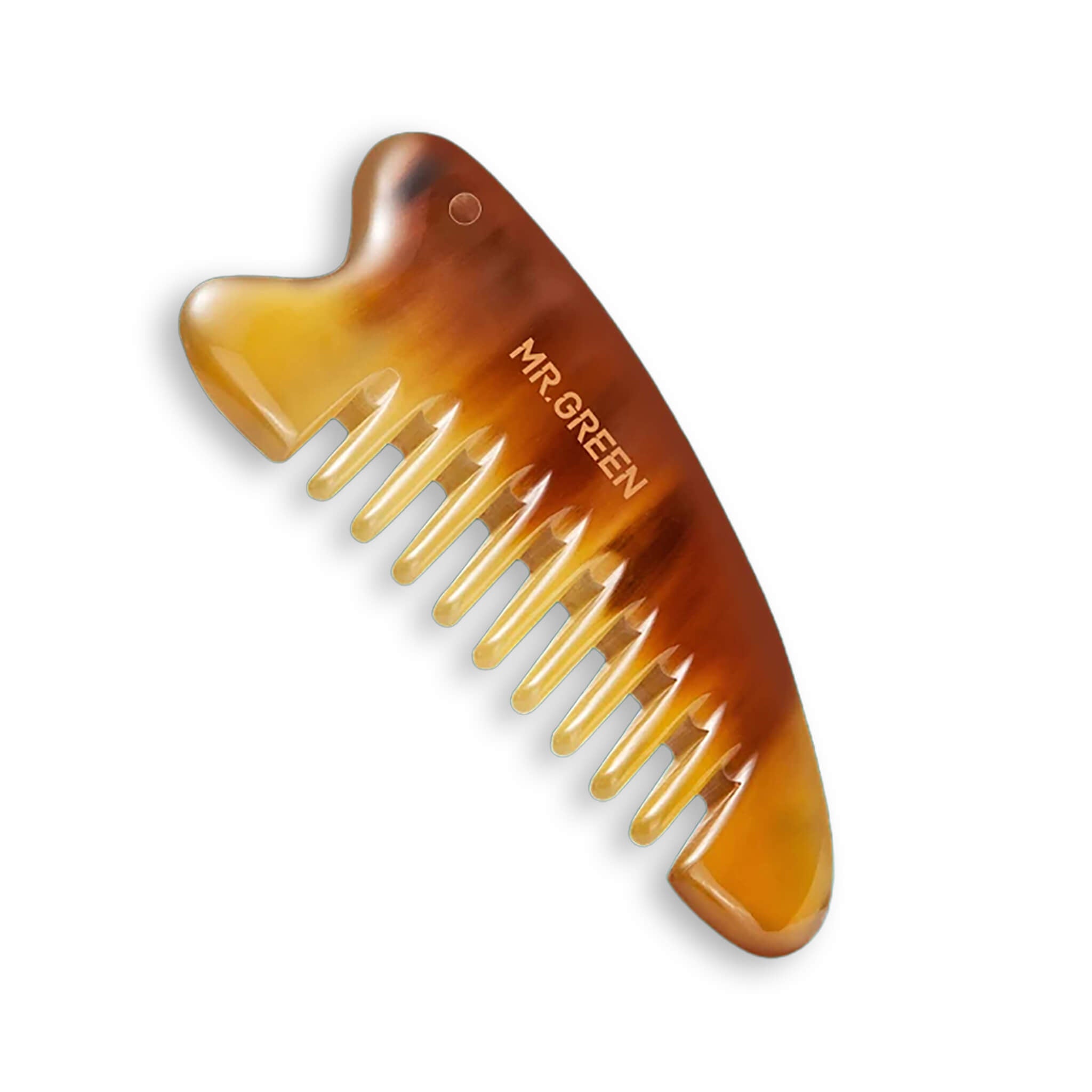 MR.GREEN natural ox horn comb close-up with rounded teeth for snag-free detangling and gentle scalp stimulation