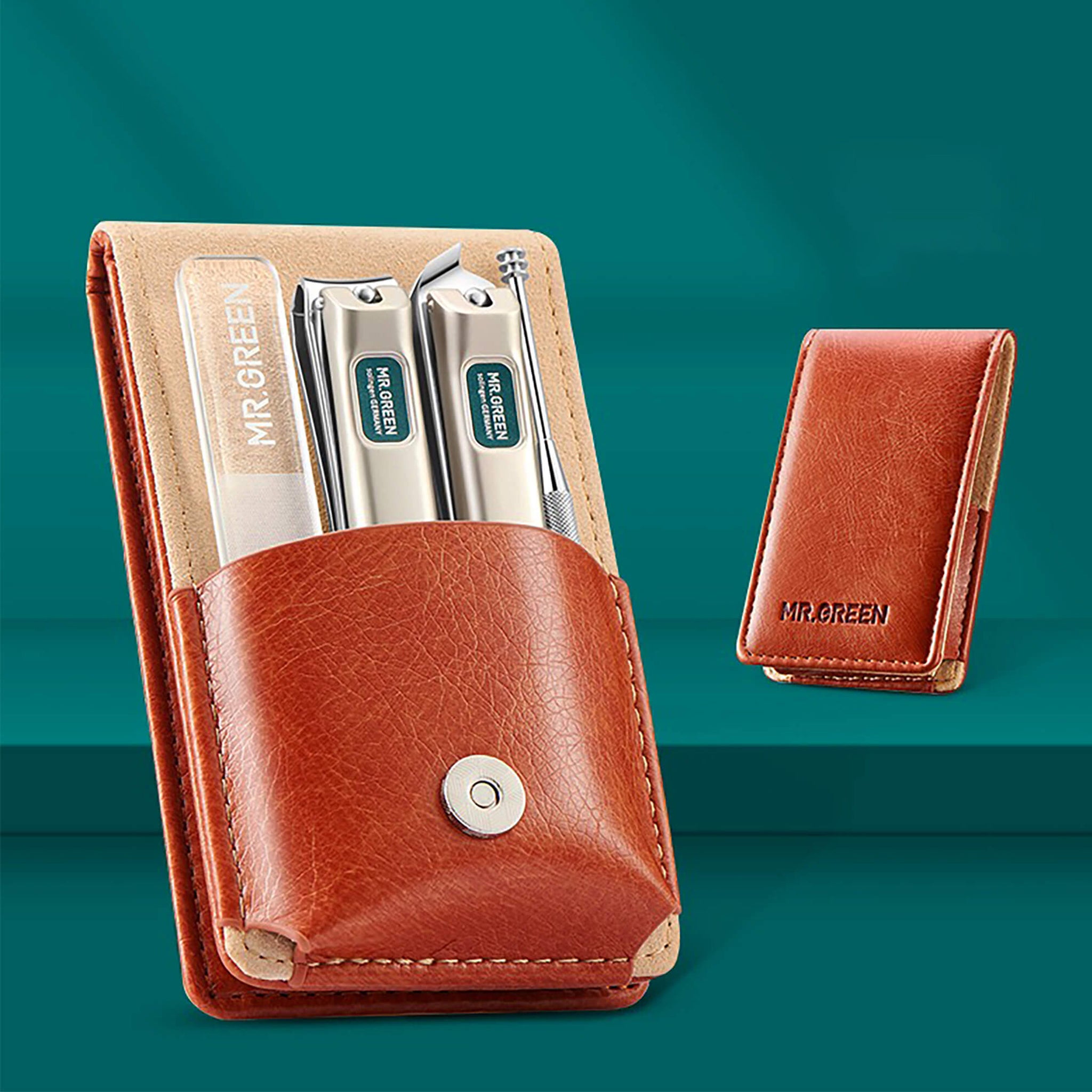 MR.GREEN portable manicure set in brown leather case with two stainless steel nail clippers, glass nail file and nail cleaner tool — hero image