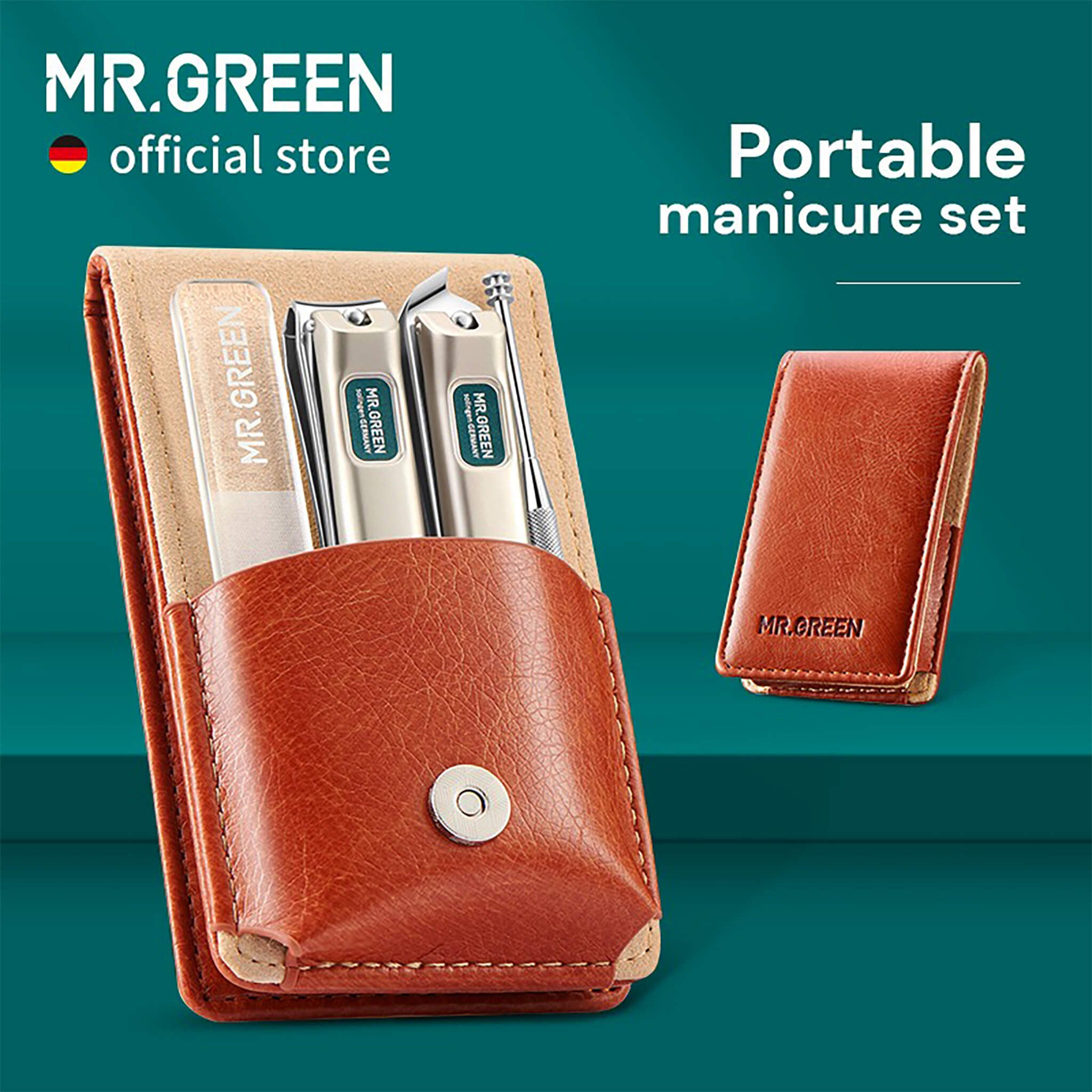 MR.GREEN portable manicure set hero—brown leather case with two nail clippers, nail cleaner and glass nail file