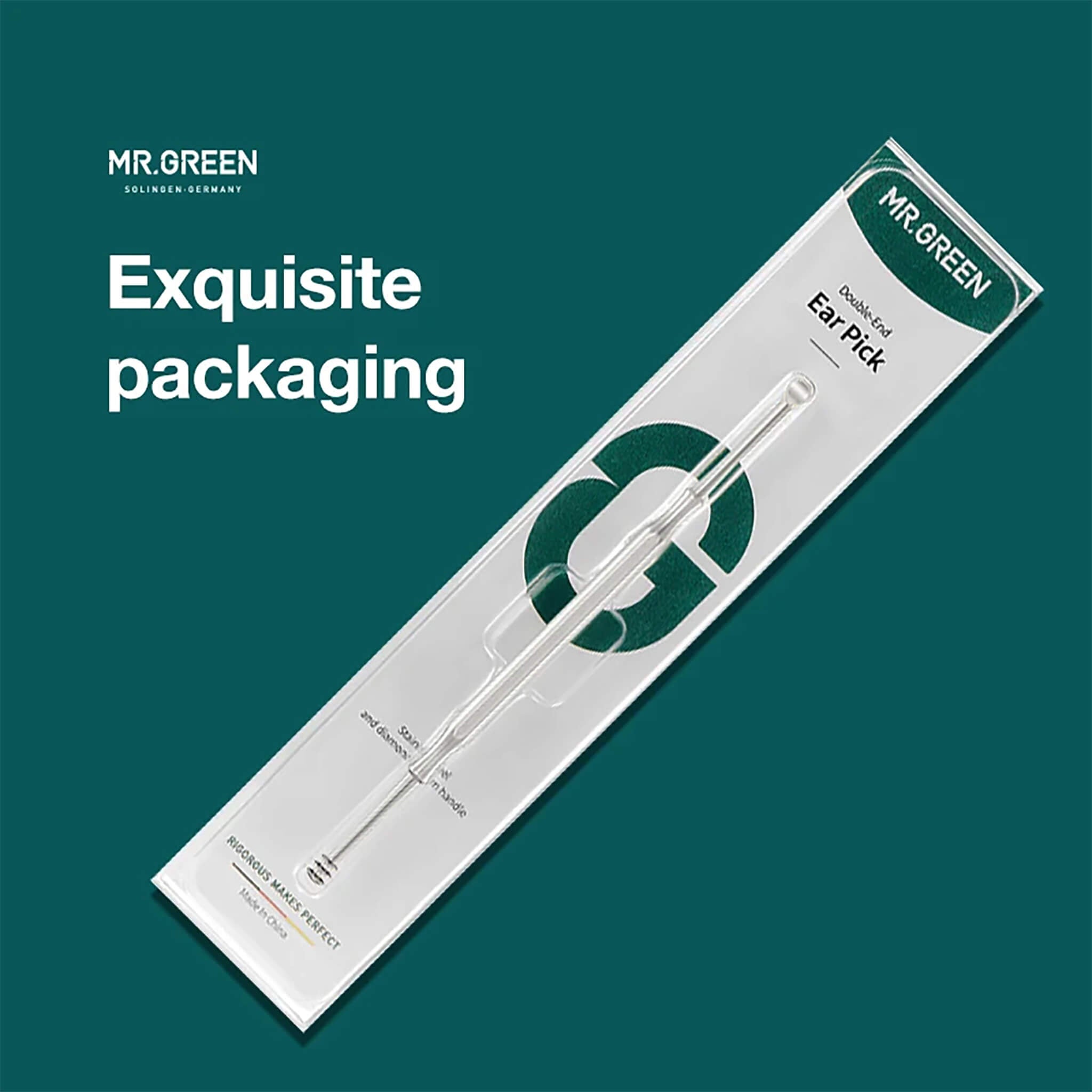 MR.GREEN pulisci orecchie doppia testa in blister; acciaio inox, cucchiaio tondo e punta a spirale, confezione elegante.