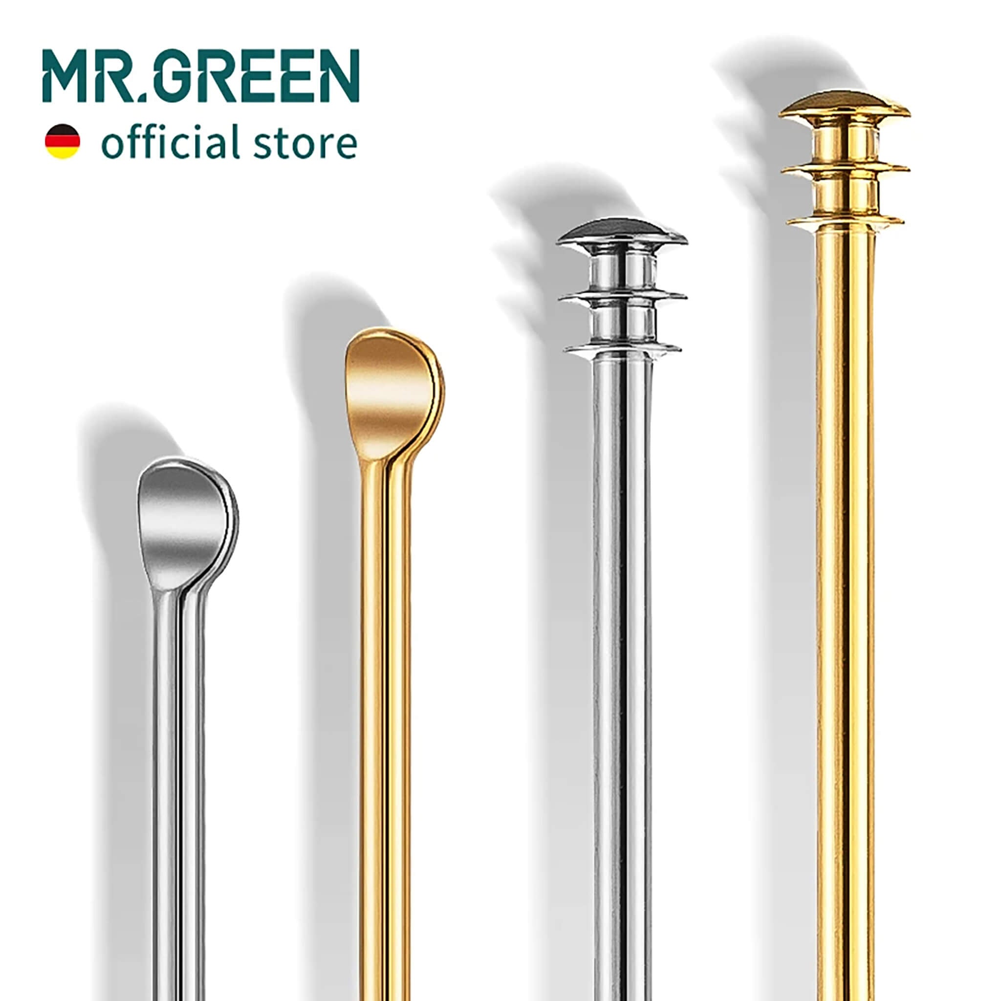Pulitore orecchie MR.GREEN doppia testa in acciaio inox: cucchiaio e punta a tre anelli, finiture oro e argento su fondo bianco.