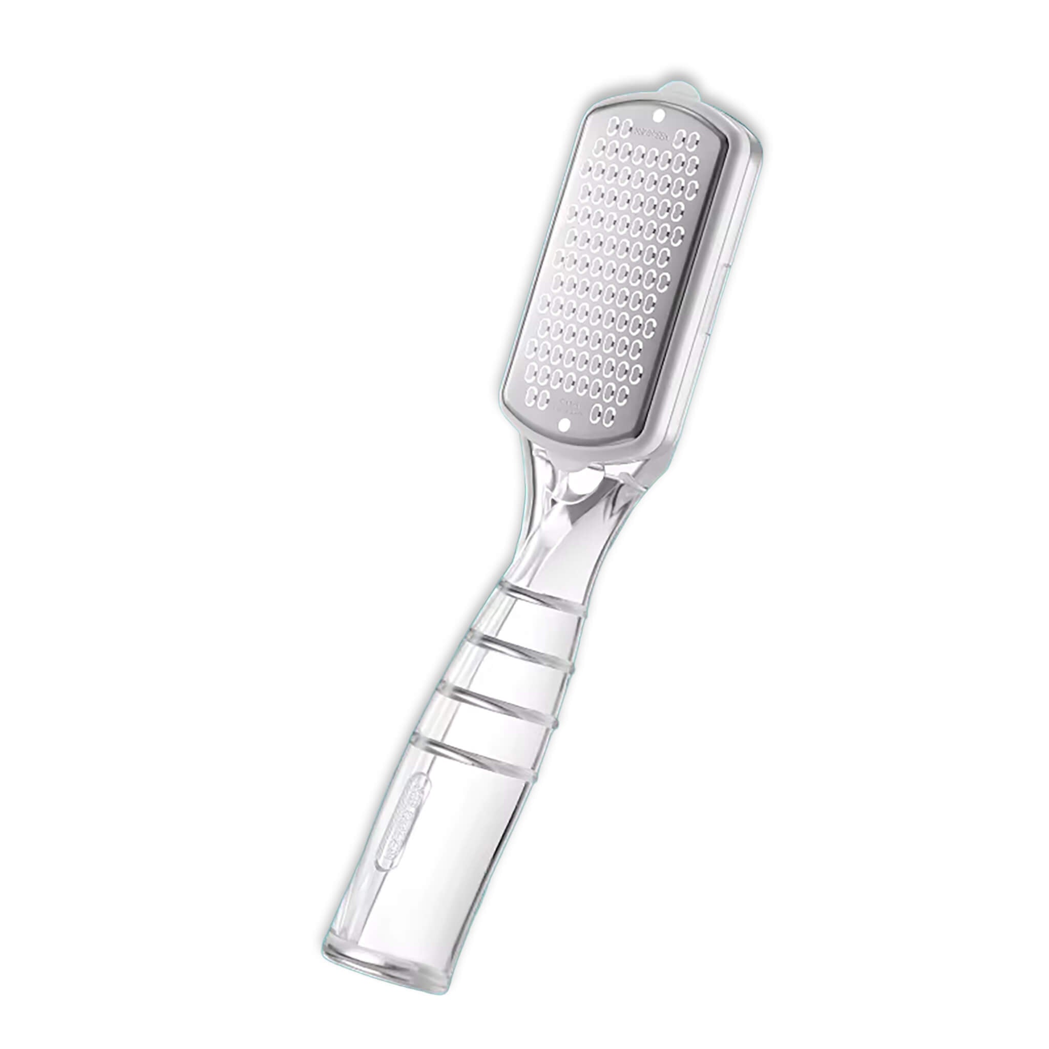 MR.GREEN stainless micro-blade foot file with clear ergonomic handle; gentle, efficient heel callus remover.
