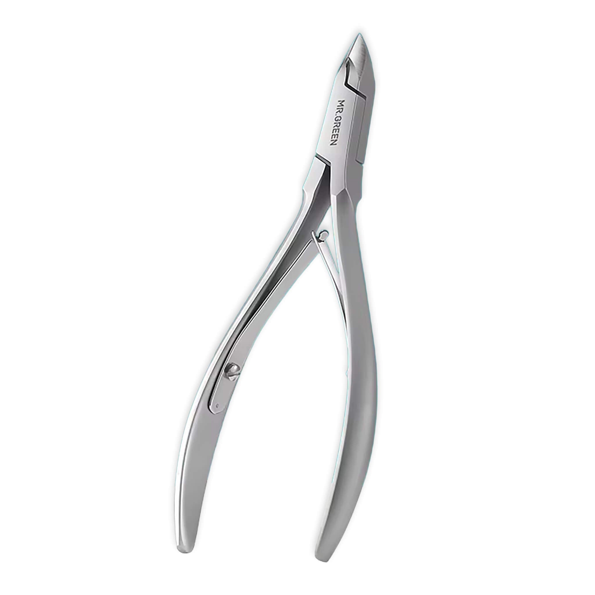 MR.GREEN stainless steel cuticle nipper with 5mm slant blade and symmetric spring; polished silver packshot on white for salon nail care.
