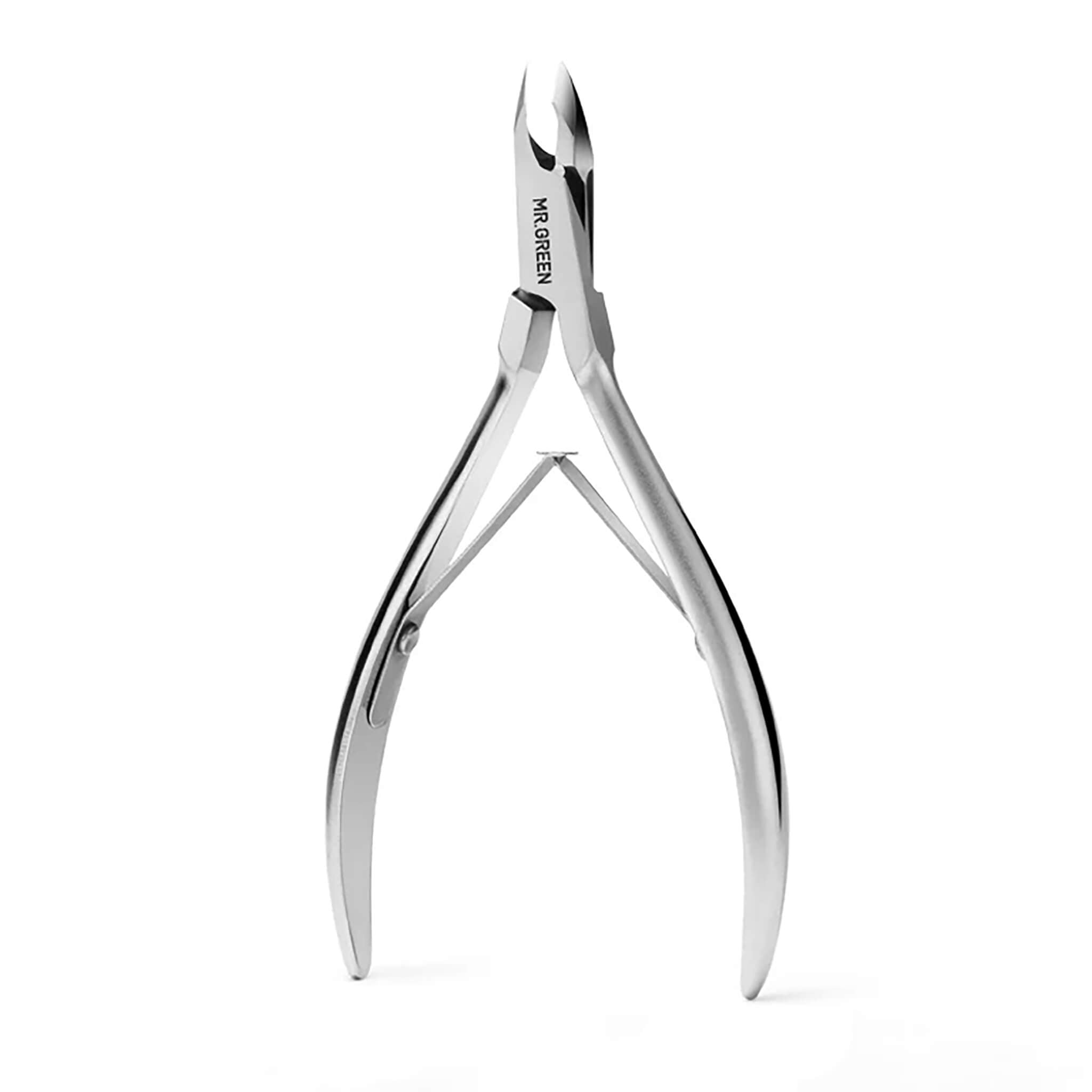 MR.GREEN stainless steel cuticle nippers with 5 mm slant blade and symmetric spring; clean white packshot, professional tool.