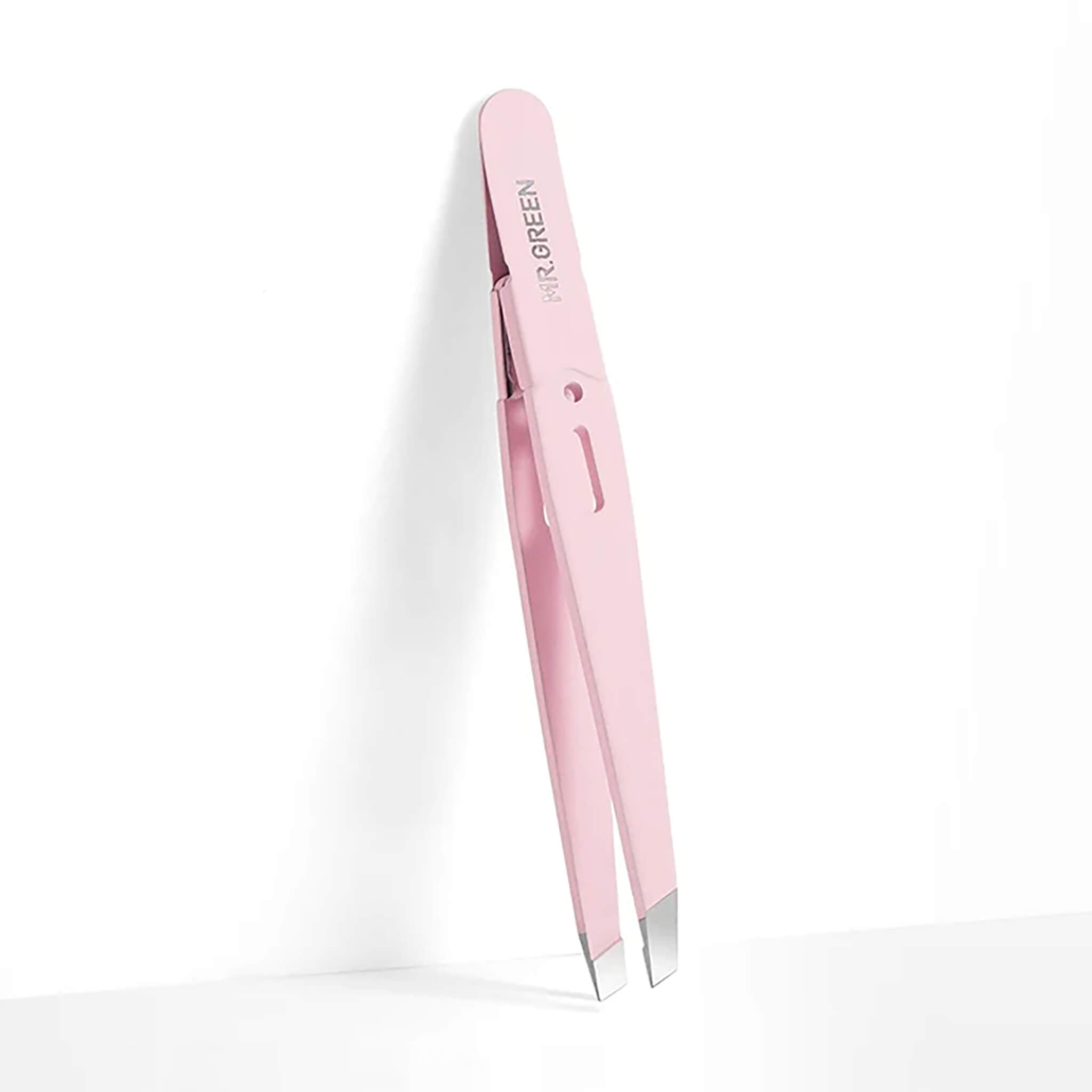 MR.GREEN MR-2168PI pinza inclinada rosa con puntas de acero inoxidable y acabado anti-huellas; depilación precisa.
