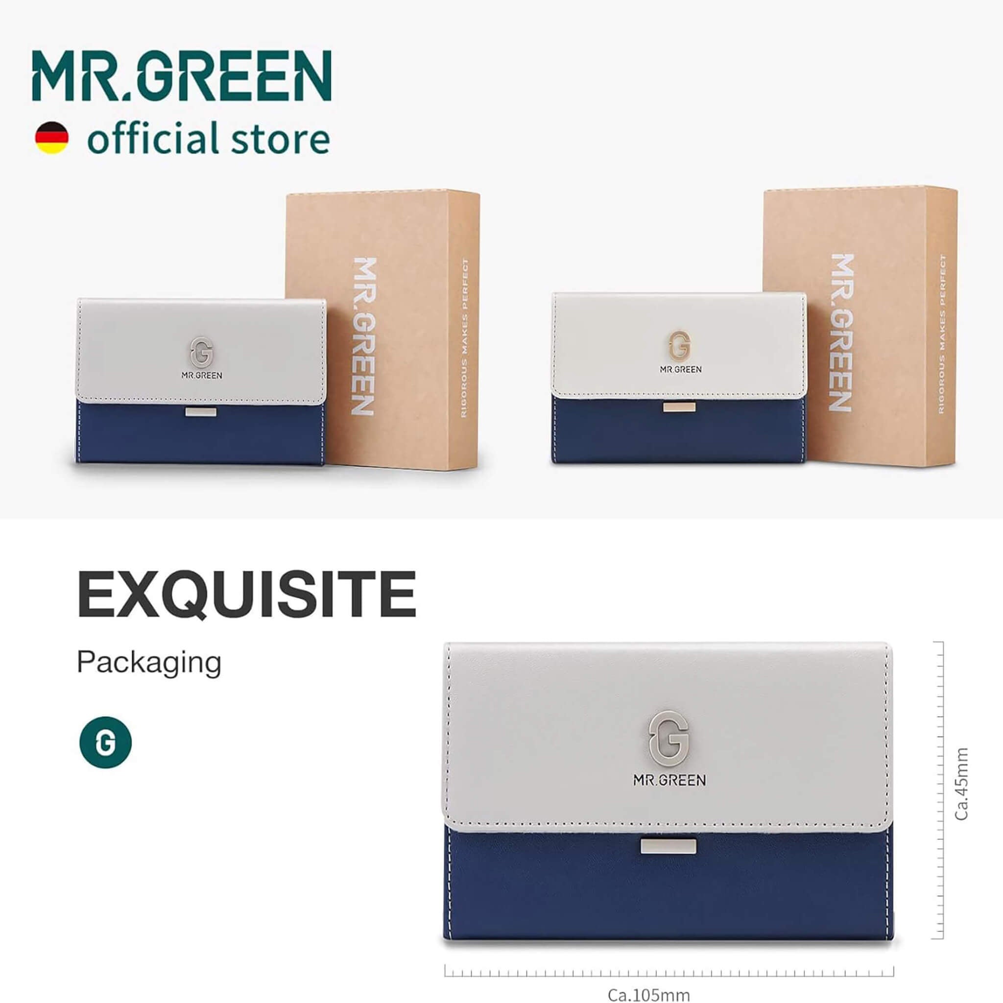 Confezione MR.GREEN 8-in-1—astuccio portafoglio navy/bianco con scatola kraft e dimensioni ca. 105×45 mm, pronto per regalo