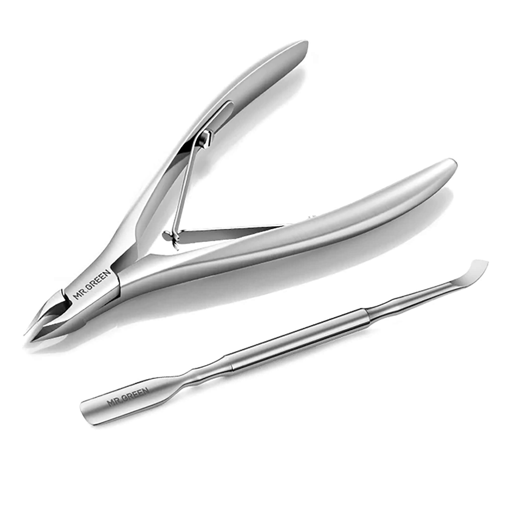 Set MR.GREEN con alicate corta cutículas de 5 mm y empujador de acero inoxidable; packshot limpio sobre fondo blanco.