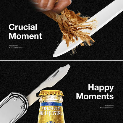 MR.GREEN 6-in-1 multi-tool demonstrating utility blade cutting rope and bottle opener lifting a cap; durable stainless design.