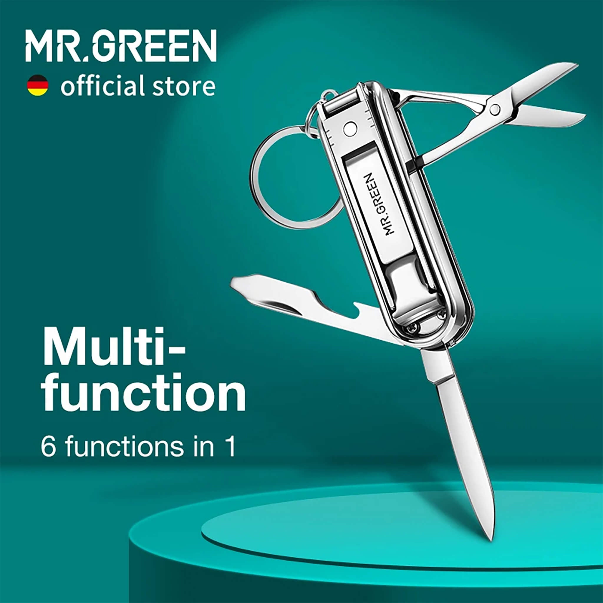 MR.GREEN 6-in-1 stainless nail clipper multi-tool—clipper, scissors, file, knife, bottle opener and key ring—isolated on white.