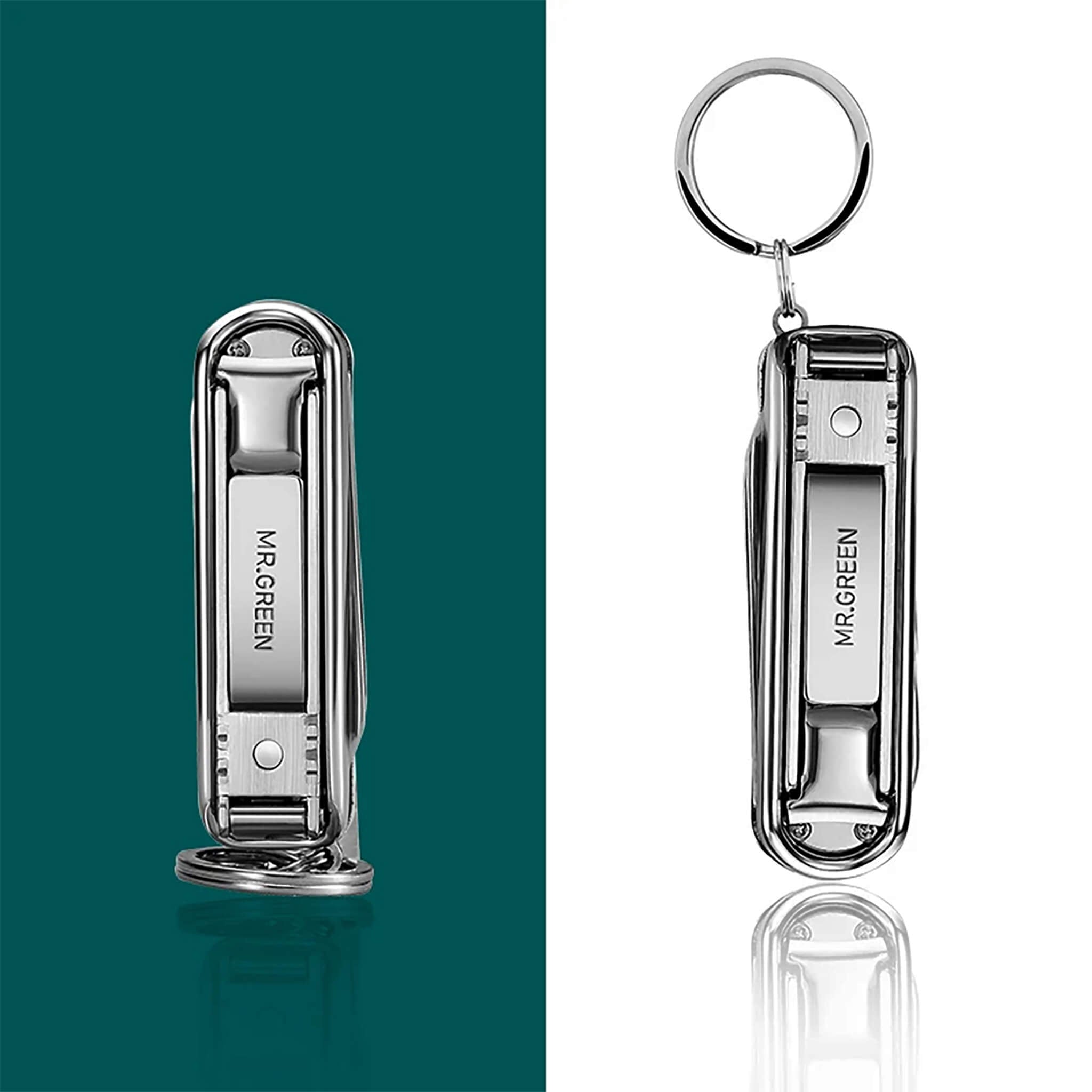Folded MR.GREEN 6-in-1 stainless nail clipper shown without and with key ring on split teal and white background.