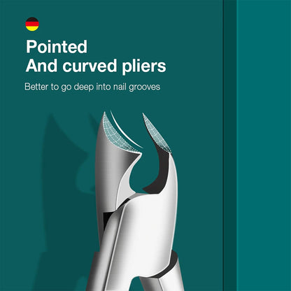 Close-up of MR.GREEN ingrown toenail clipper showing pointed, curved stainless jaws reaching deep nail grooves for precise trimming.