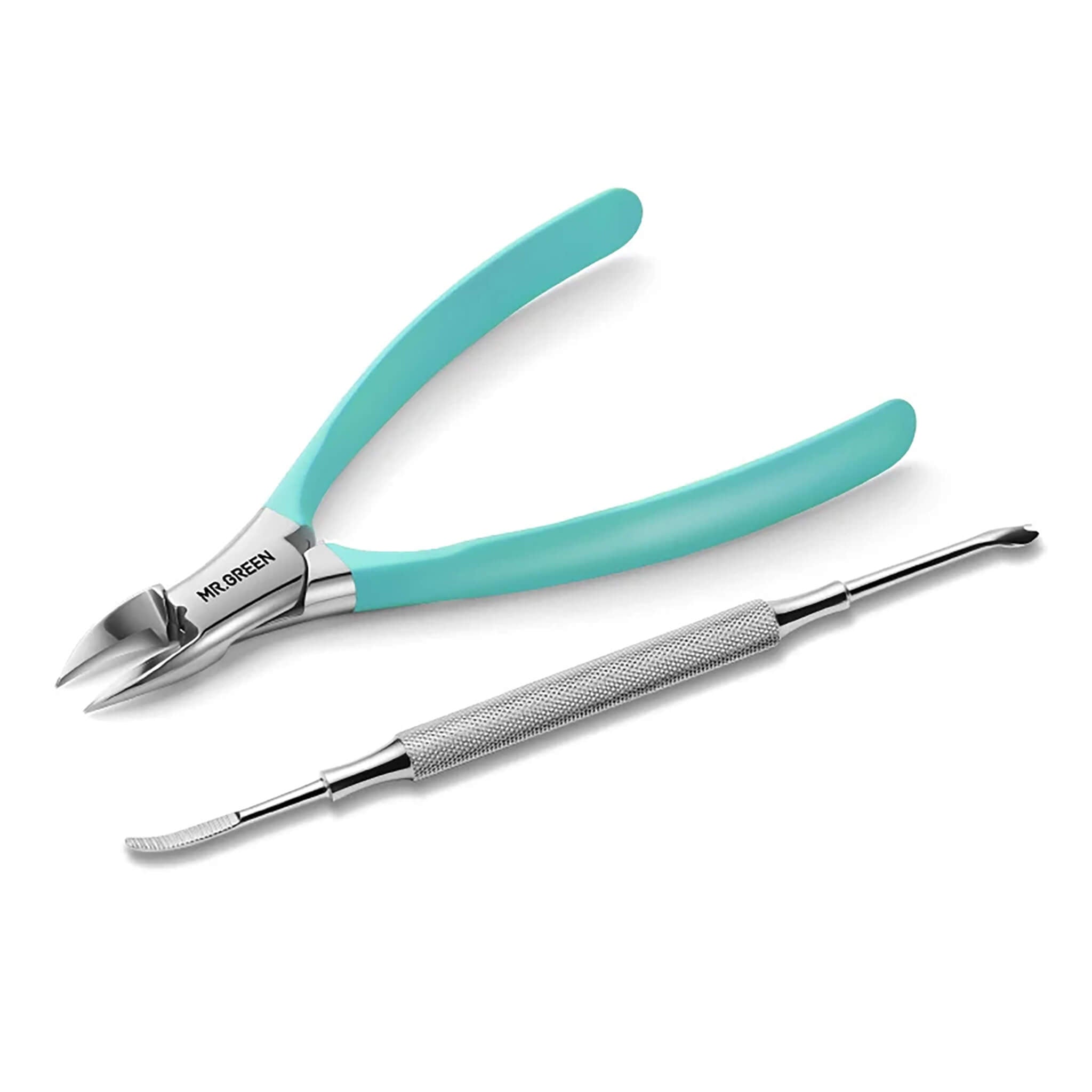 MR.GREEN MR-1036GR Plus set long handle nipper with mint grips displayed with double ended ingrown nail lifter on white