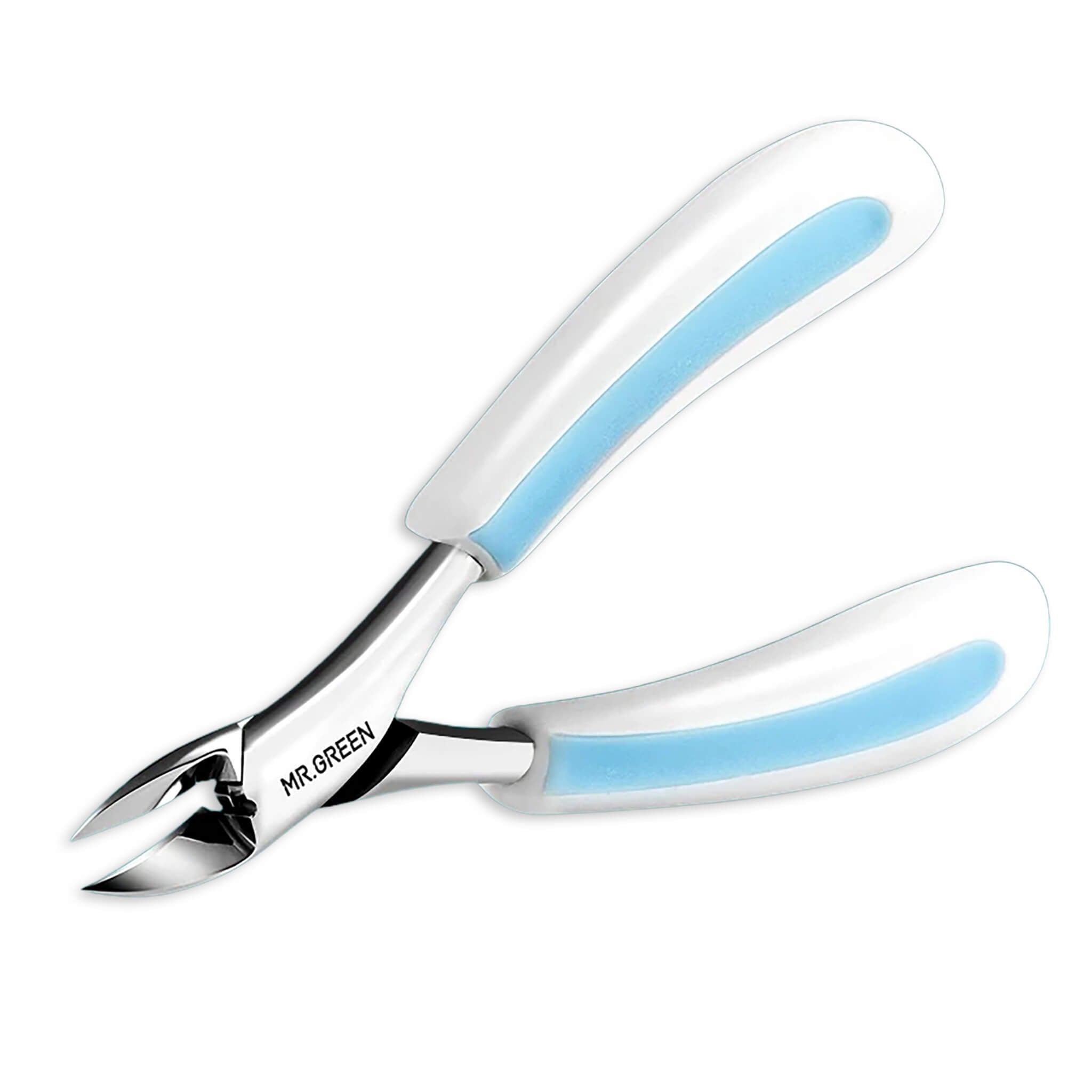MR.GREEN rabbit ears toenail nipper, olecranon curved stainless jaws, spring-loaded non-slip white/blue handles, isolated on white.