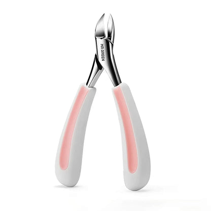 MR.GREEN MR-1035PI rabbit ears toenail clipper with olecranon curved stainless jaws and non-slip white/pink handles, isolated on white.
