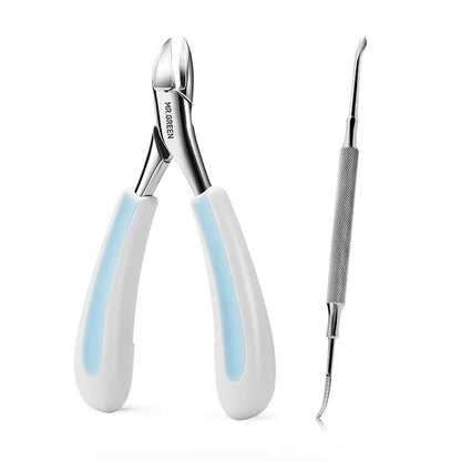 MR.GREEN MR-1035BU Plus set—rabbit ears nipper with white/blue non-slip handles and included stainless ingrown nail lifter, on white.