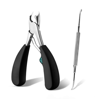 العربية: طقم MR.GREEN MR-1026BK Plus كماشة قص ظفر منغرز بمقابض سوداء مع أداة رافع/منظف ستانلس على خلفية بيضاء.