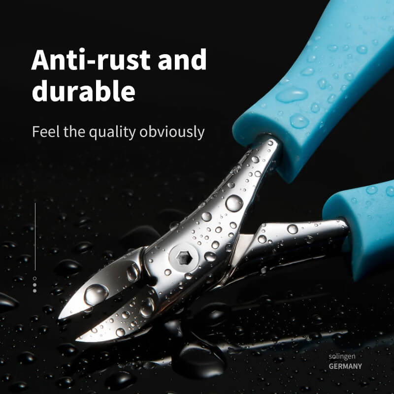 MR.GREEN anti-rust durable stainless nipper with water droplets on black background; corrosion-resistant pedicure tool