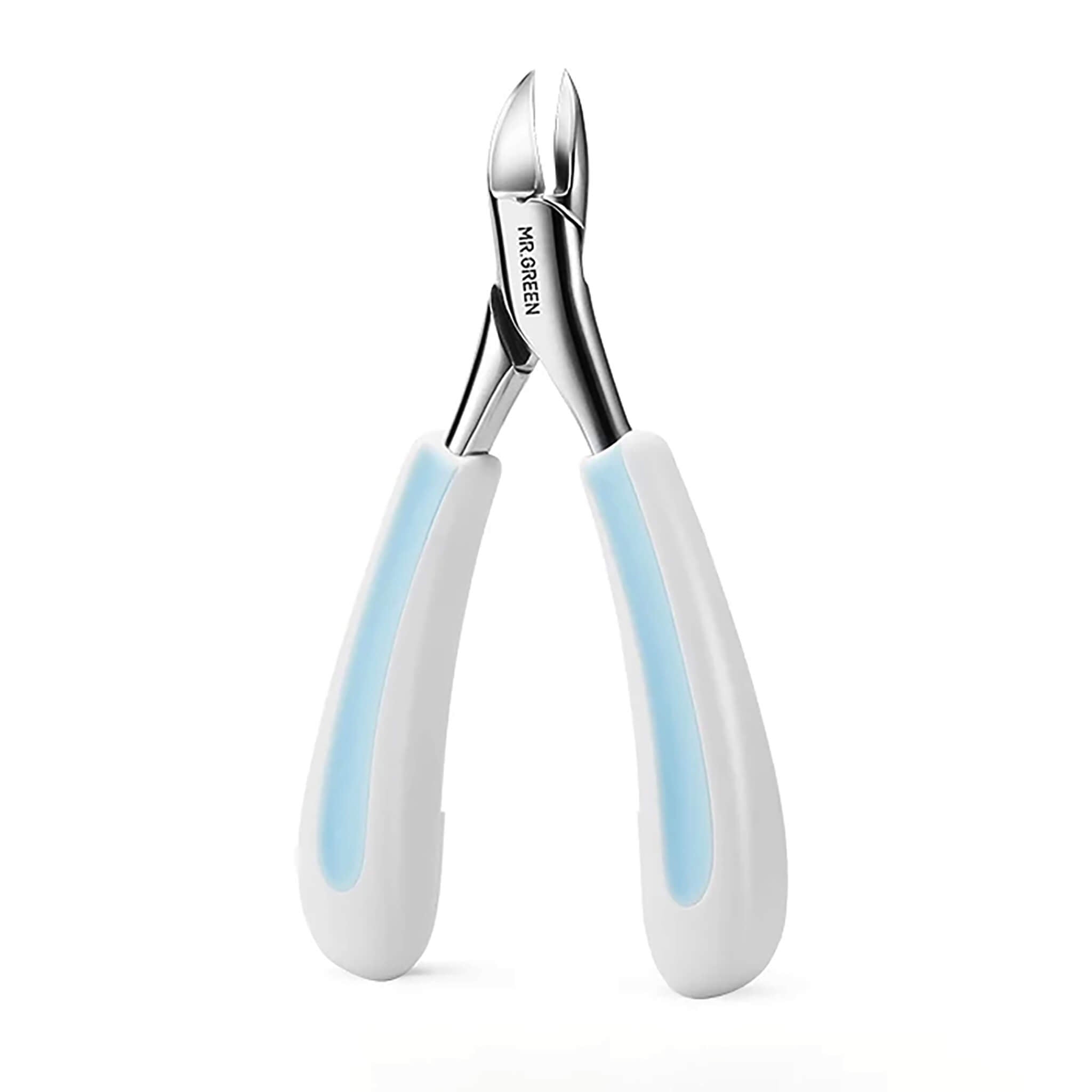 MR.GREEN MR-1035BU rabbit ears toenail nipper with curved stainless jaws and non-slip white/blue handles, isolated on white background.
