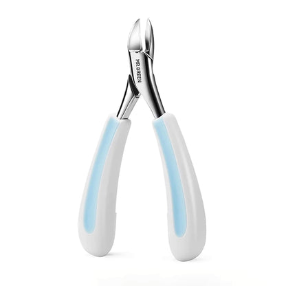 MR.GREEN MR-1035BU rabbit ears toenail nipper with curved stainless jaws and non-slip white/blue handles, isolated on white background.