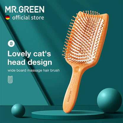 MR.GREEN Beech Wood Cat-Head Detangling Hair Brush