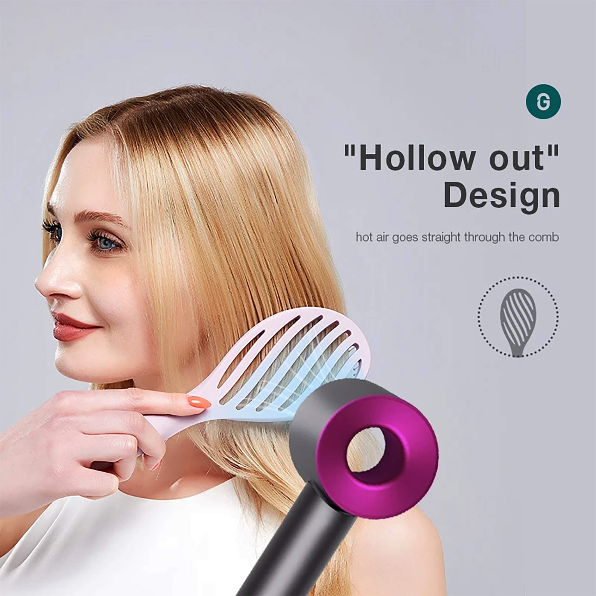 MR.GREEN hollow-out brush with blow-dryer—vented channels speed drying, reduce heat damage, add volume.