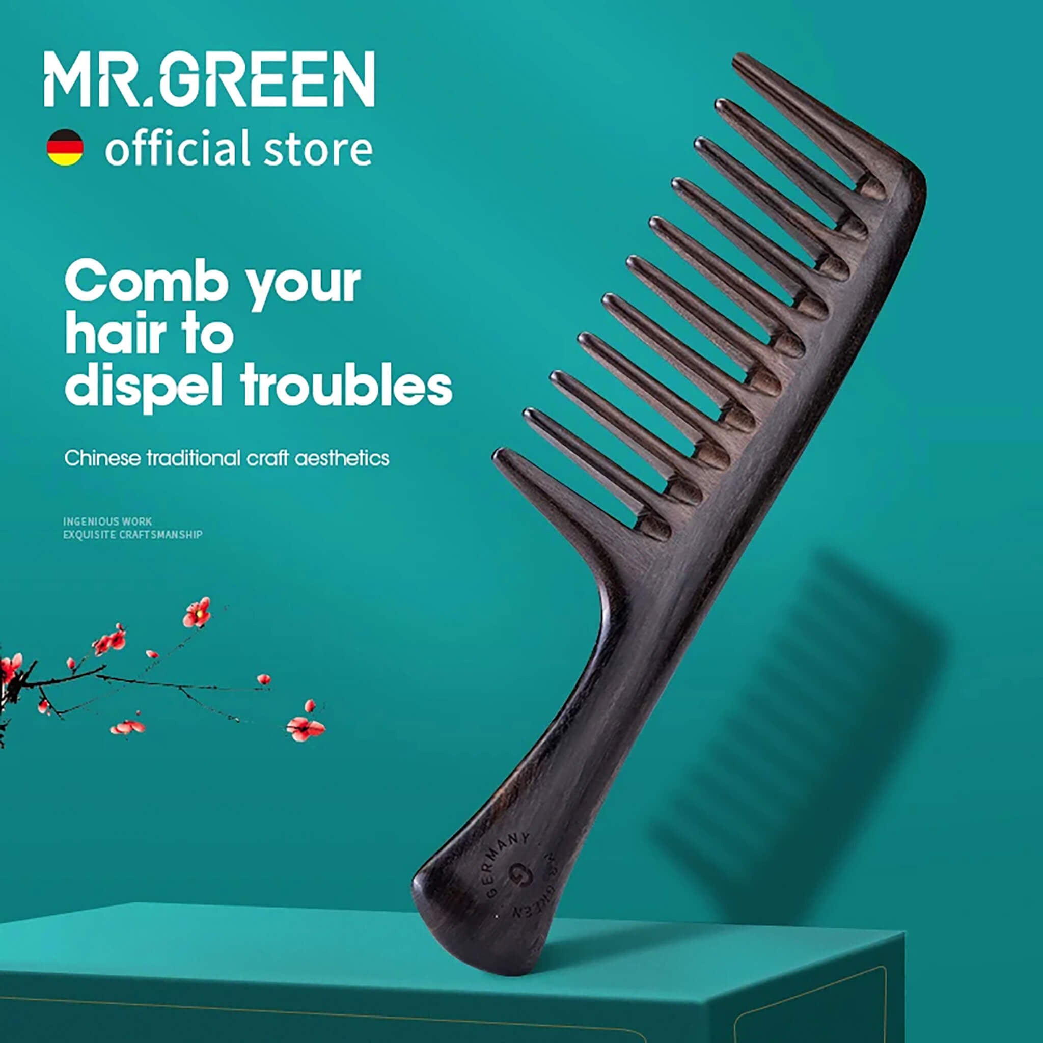 Lifestyle shot of MR.GREEN natural wood comb with official store branding, traditional craftsmanship and eco-friendly design for hair care.
