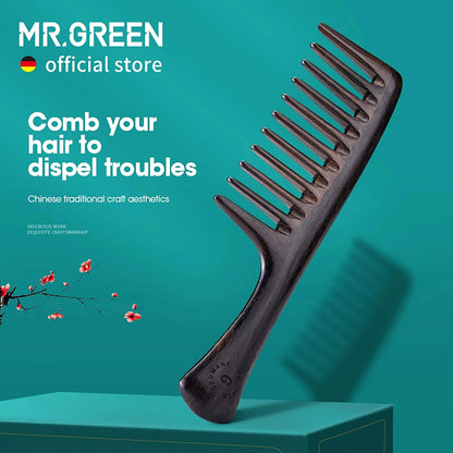 Lifestyle shot of MR.GREEN natural wood comb with official store branding, traditional craftsmanship and eco-friendly design for hair care.