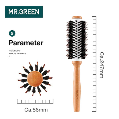 Dimensions image for MR.GREEN round brush: about 56 mm barrel, 247 mm length; ideal size for medium to long hair styling