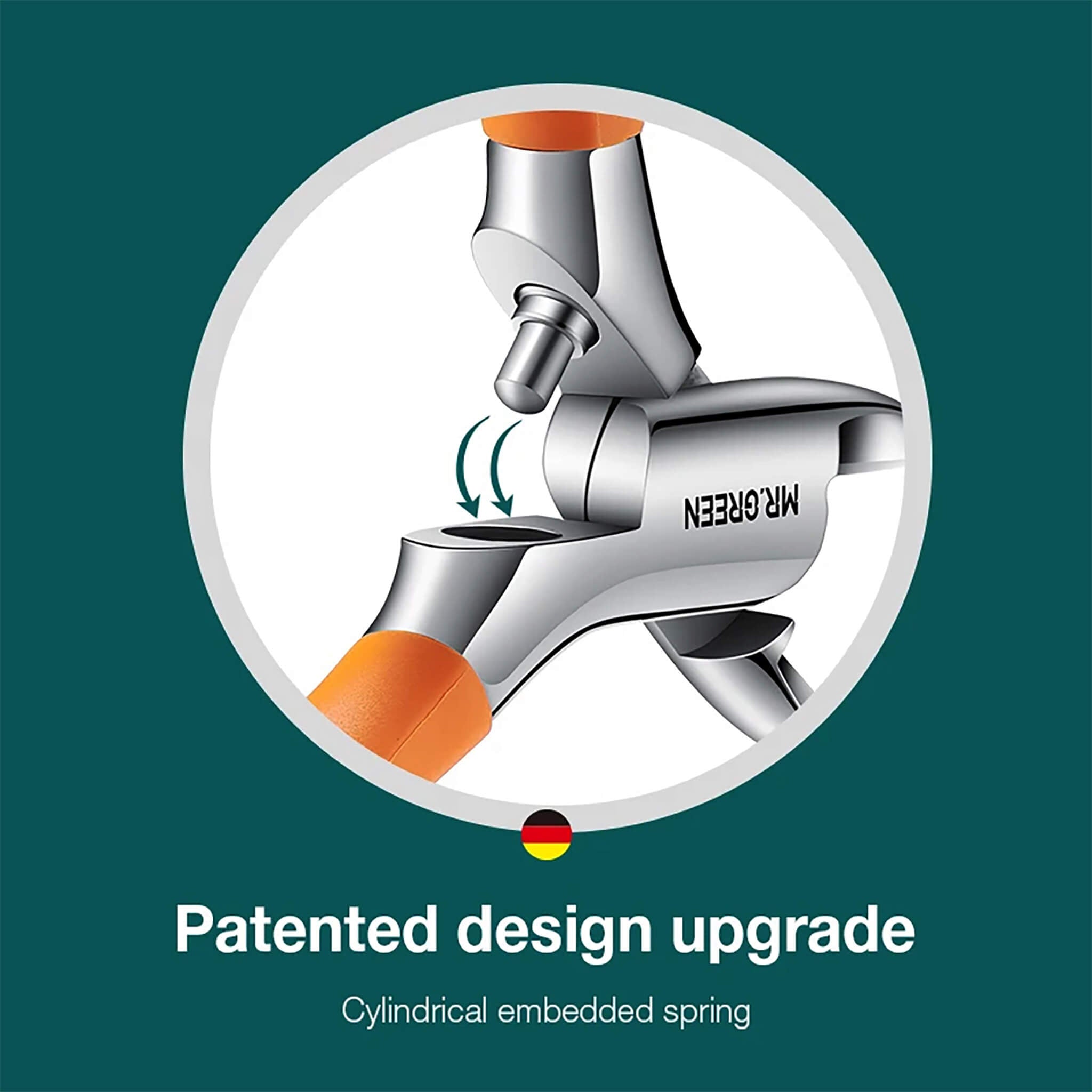 Alicate MR.GREEN com mola cilíndrica embutida; design patenteado, abertura potente e corte preciso para unhas dos pés.