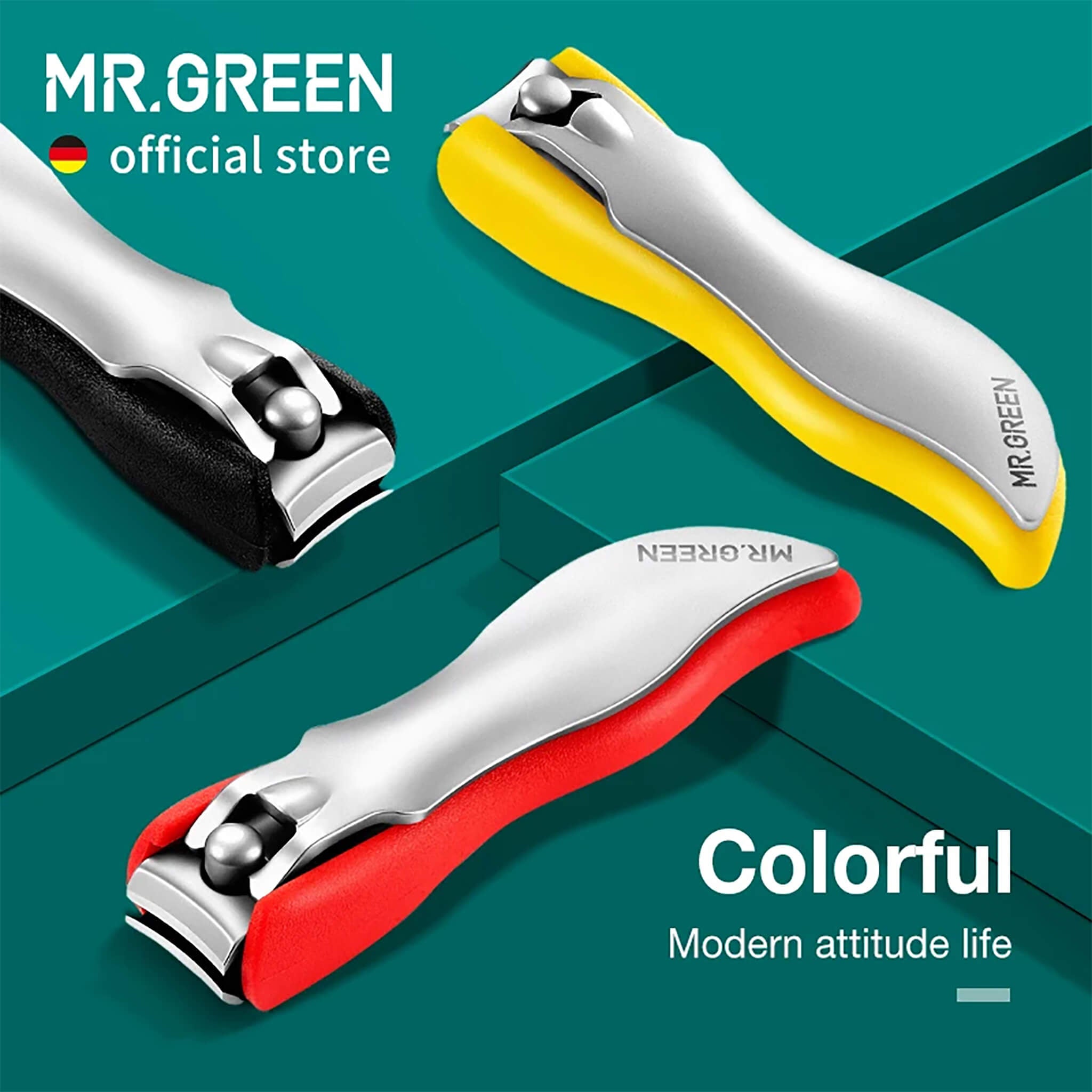 MR.GREEN anti-splash colorful nail clippers, stainless steel with silicone grip, ergonomic modern design for clean trimming.