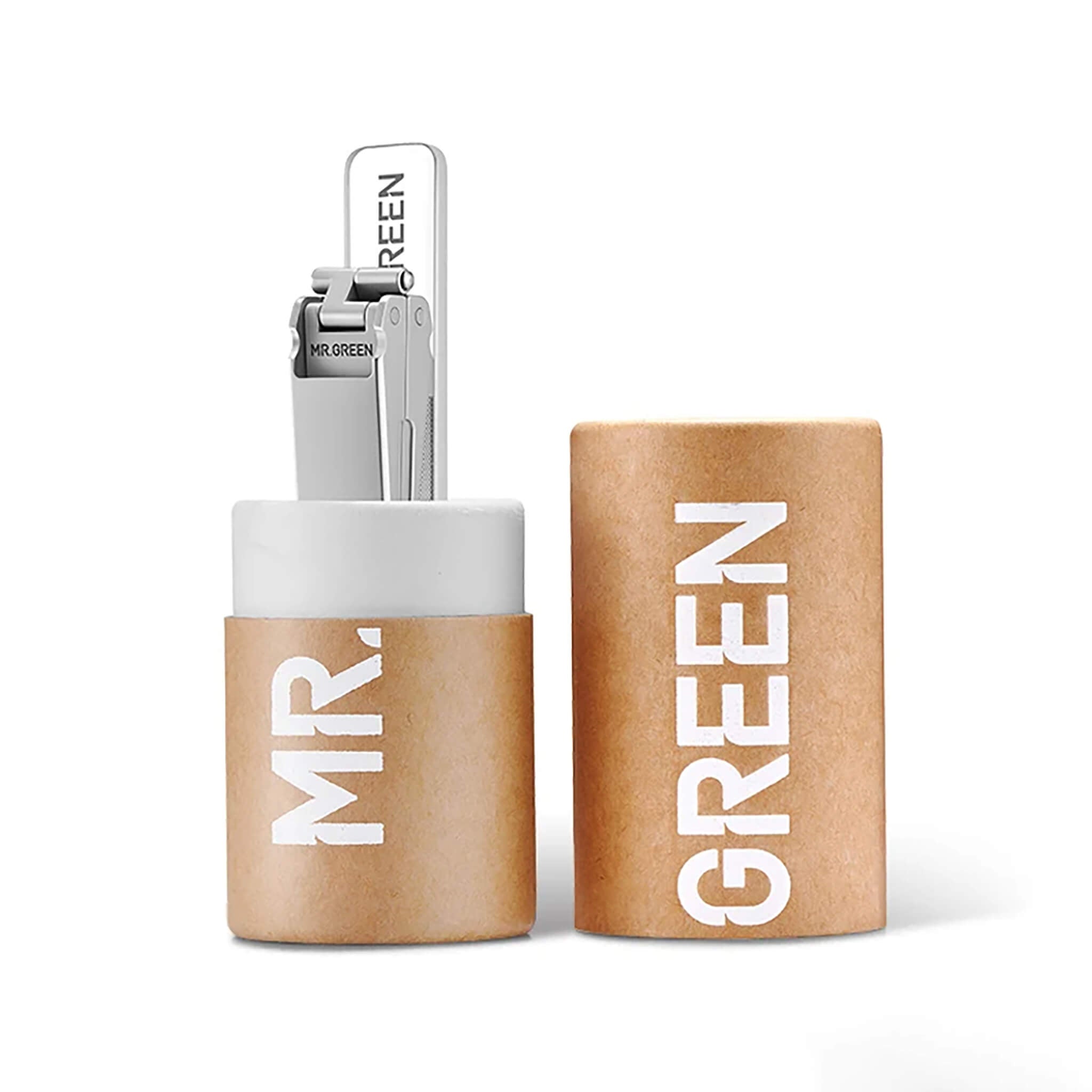 MR.GREEN compact clipper gift packaging — eco paper tube with foldable stainless-steel nail clipper