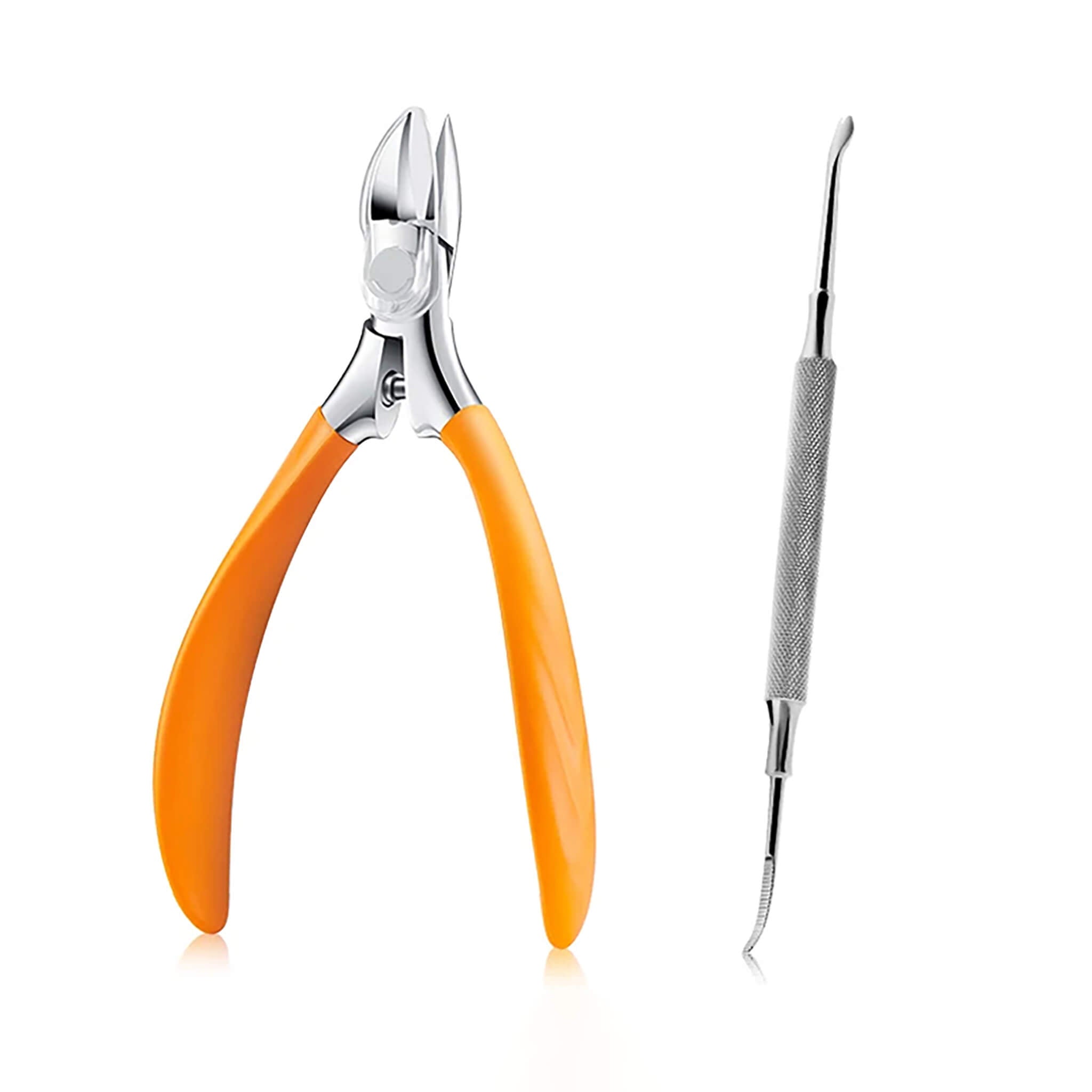 Set MR.GREEN Mr-9901OR-plus: alicate uñas encarnadas con mangos naranjas + herramienta elevadora; acero inoxidable de grado profesional.