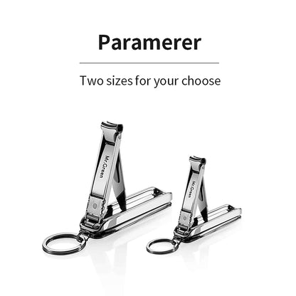 Two sizes of MR.GREEN 6-in-1 nail clipper side by side with key rings; compact stainless for travel and everyday carry.