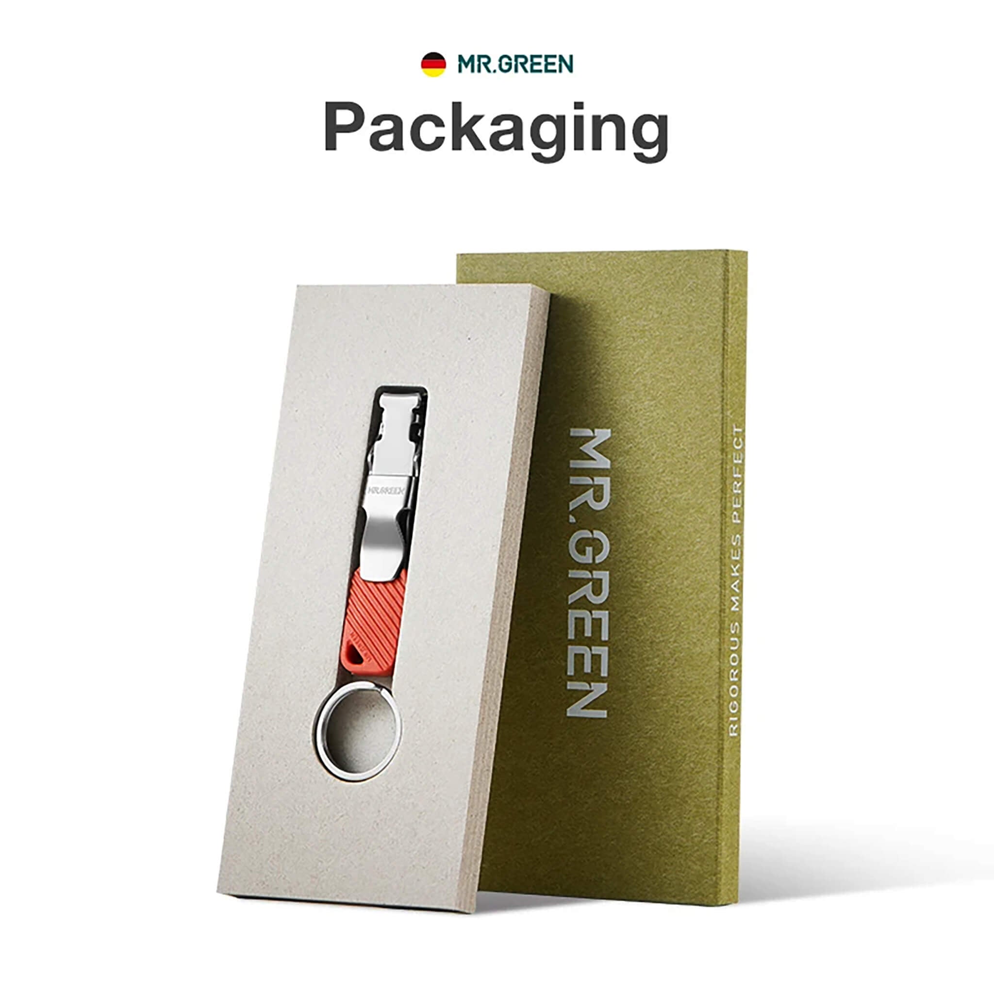 Confezione regalo MR.GREEN tagliaunghie pieghevole con portachiavi; presentazione elegante per viaggio ed EDC