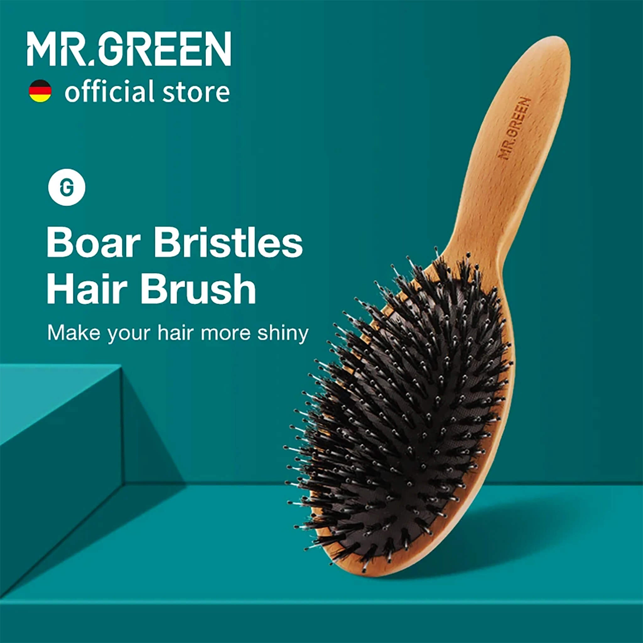 MR.GREEN boar-bristle oval hair brush with beech handle—anti-static detangler; massages scalp, smooths frizz, adds shine.