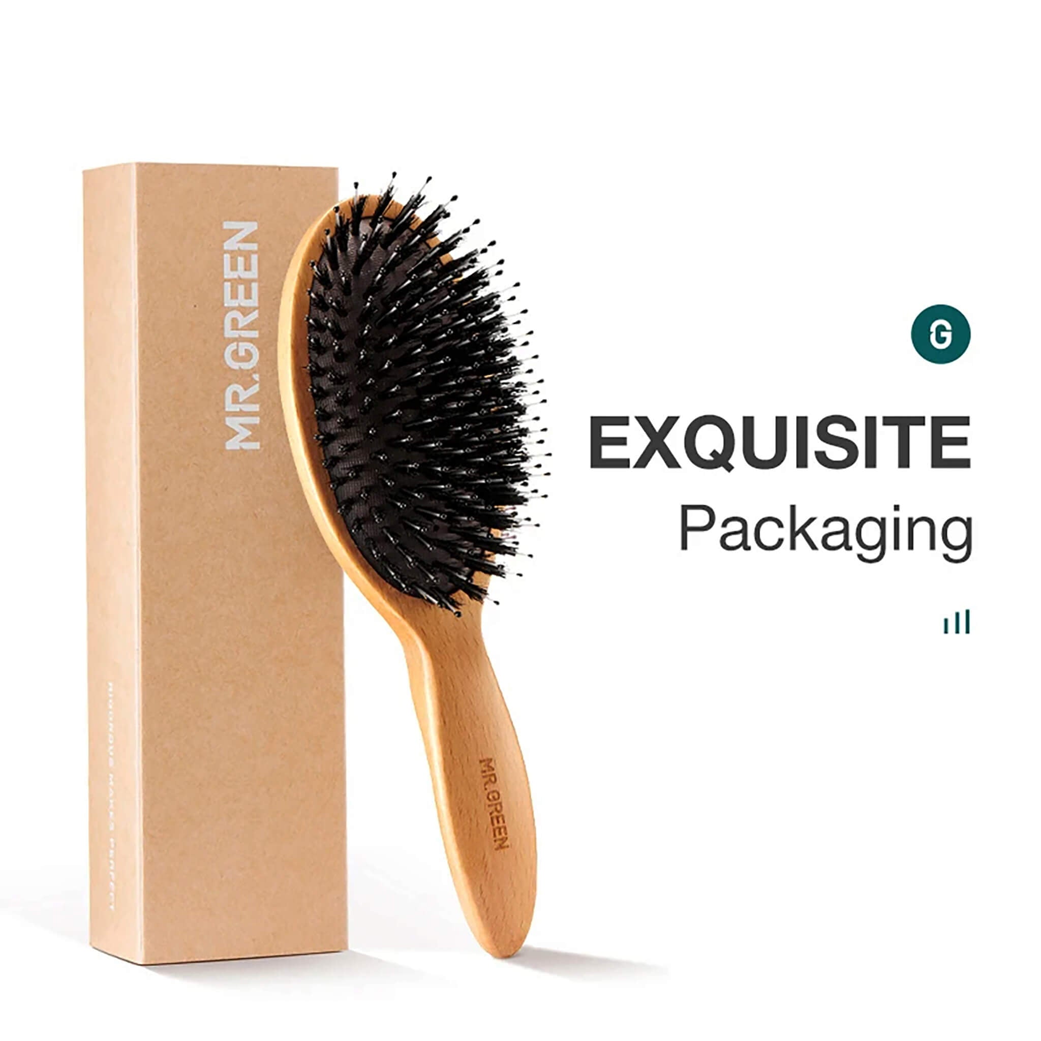 MR.GREEN boar bristle hair brush with beech handle in kraft gift box, anti-static detangler, premium packaging for gifting.