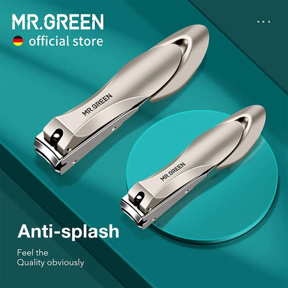 MR.GREEN anti-splash bionic fingernail clippers, large and small, stainless curved blades and catcher design on teal hero background.