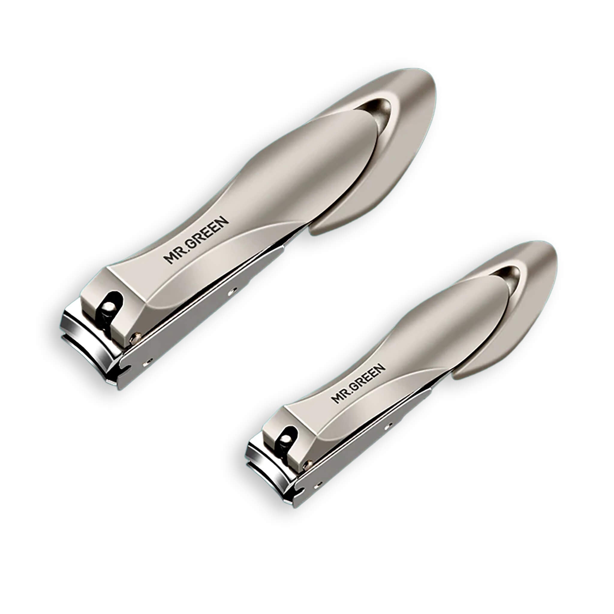 Two MR.GREEN anti-splash stainless nail clippers, large and small, with integrated catcher and ergonomic bionic handles on white.