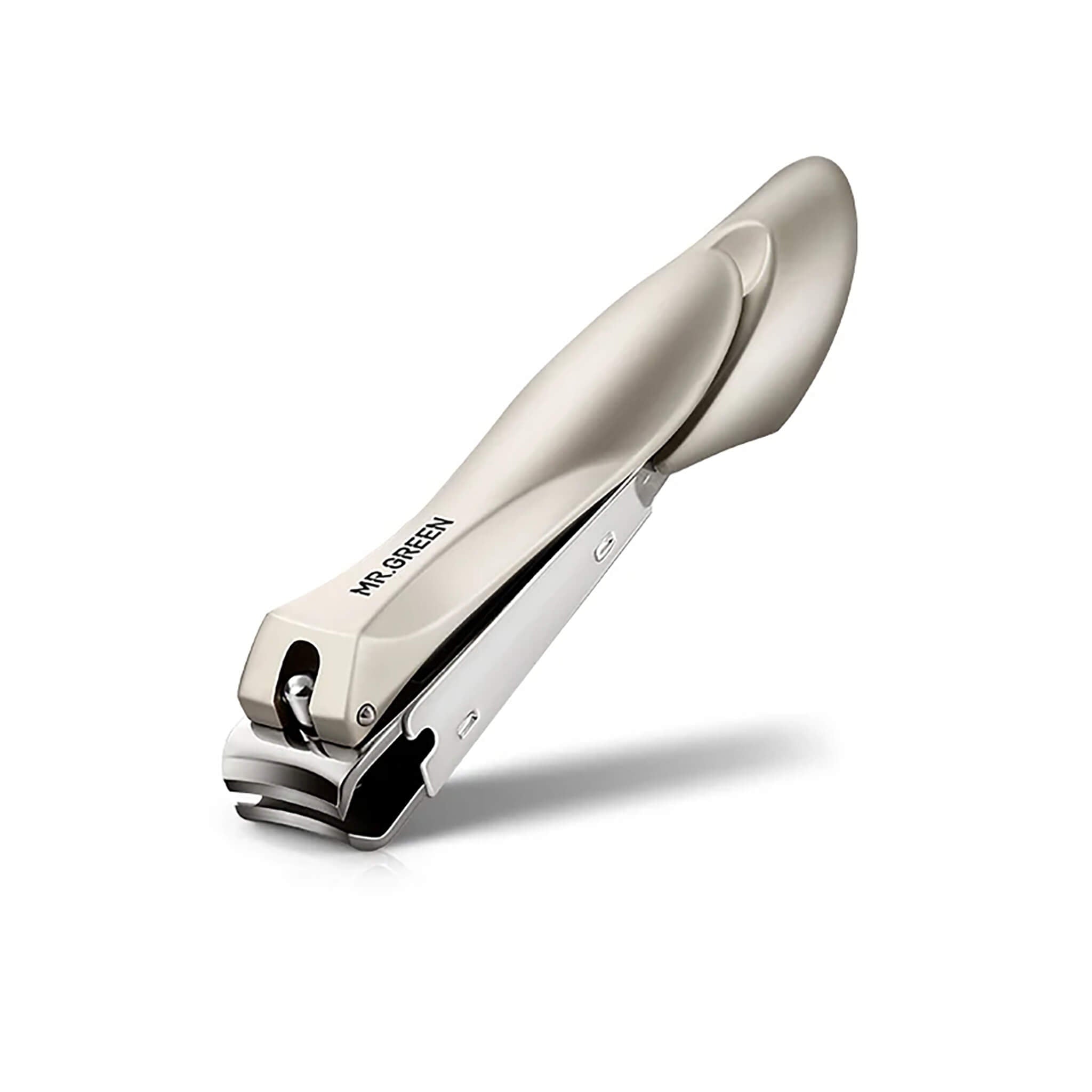 MR.GREEN MR-1111 (M) anti-splash stainless nail clipper with curved precision blades, catcher channel and ergonomic bionic lever on white.