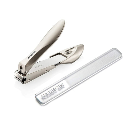 MR.GREEN MR-1111 (M) Plus set: anti-splash stainless nail clipper with catcher and slim finishing nail file for tidy home or travel grooming.