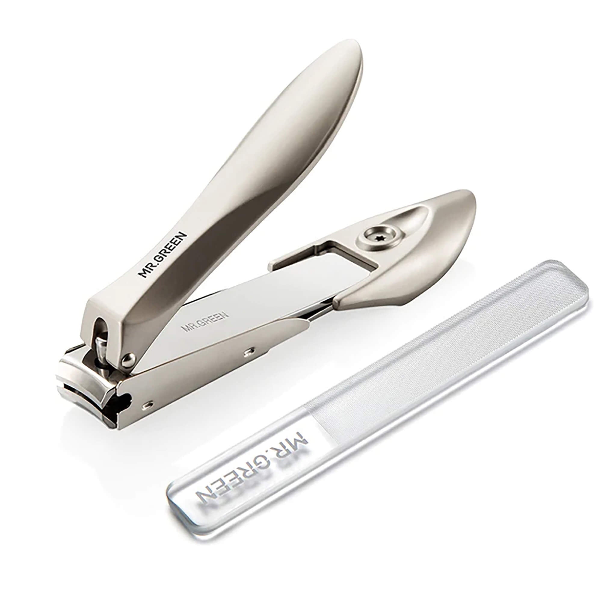MR.GREEN MR-1112 (L) Plus set including anti-splash stainless clipper and slim nail file, designed for clean, precise, hygienic cuts.